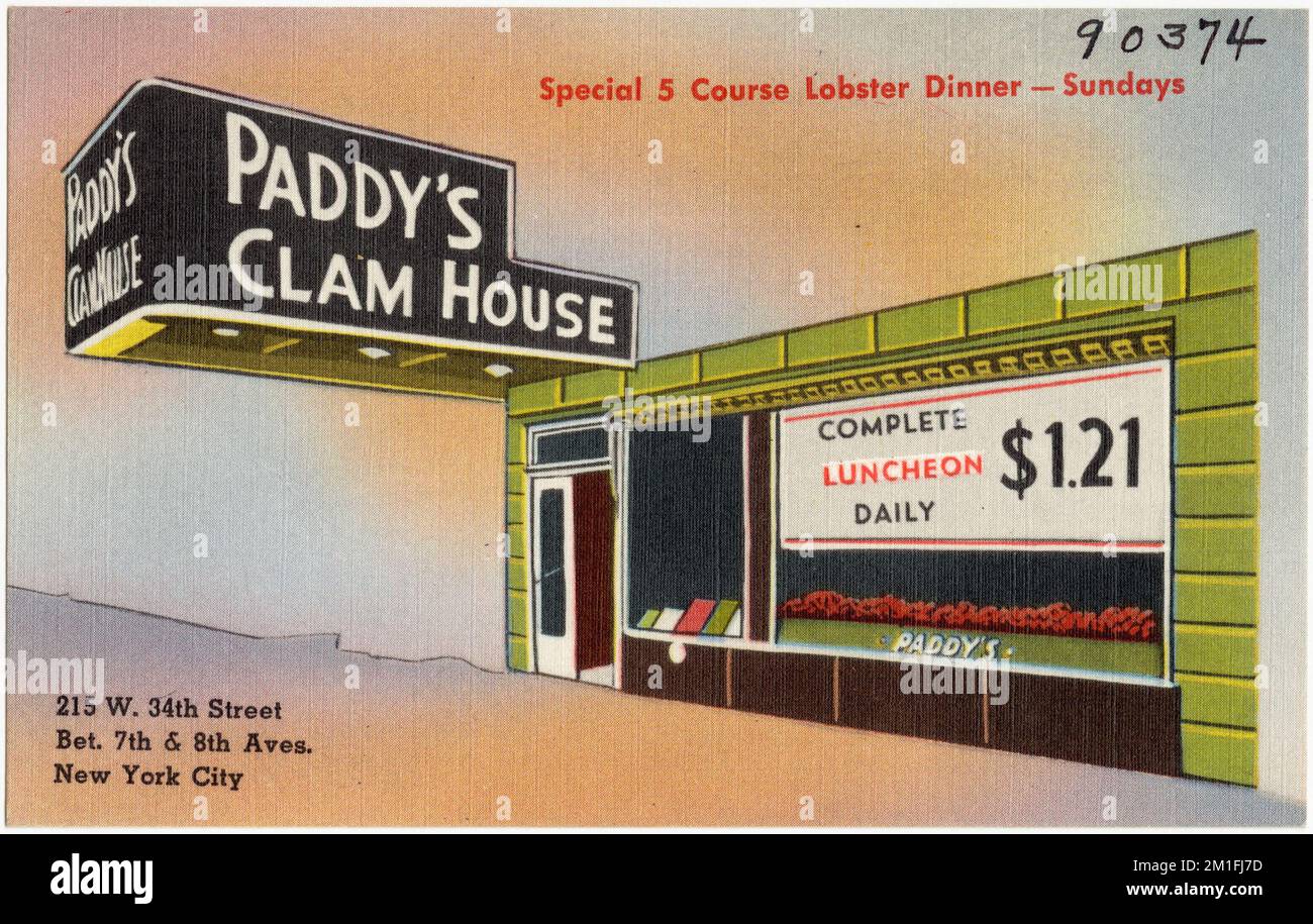 Clam House de paddy. 215 W. 34th rue, mise. 7th & 8th Aves., New York City, restaurants, Tichnor Brothers Collection, cartes postales des États-Unis Banque D'Images