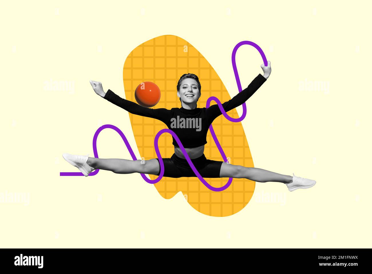 Image composite de collage de l'excitée positif noir blanc couleurs girl gymnast jumping split jambes tenir le fil de balle Banque D'Images