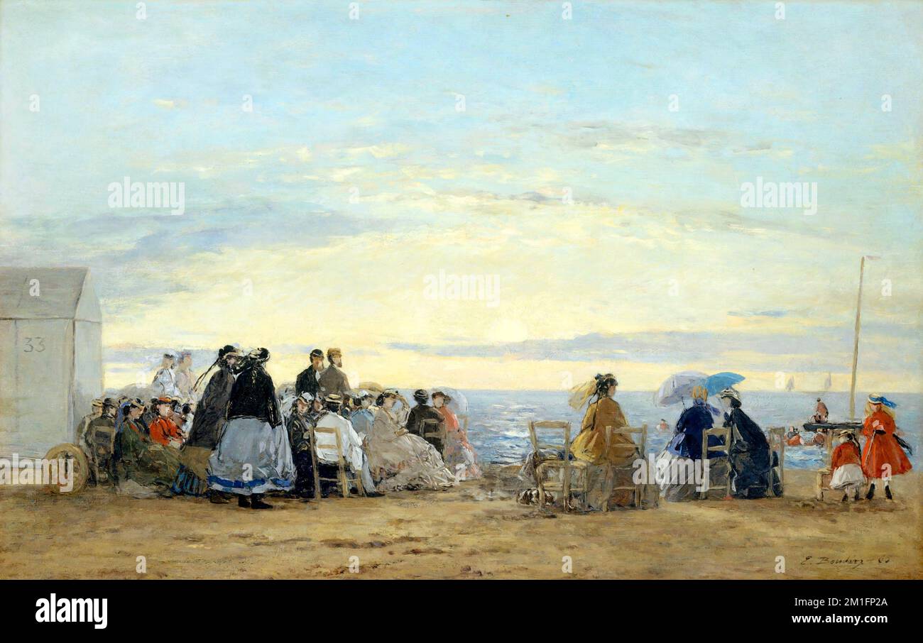 Sur la plage, coucher de soleil par Eugène Boudin (1824-1898), huile sur bois, 1865 Banque D'Images