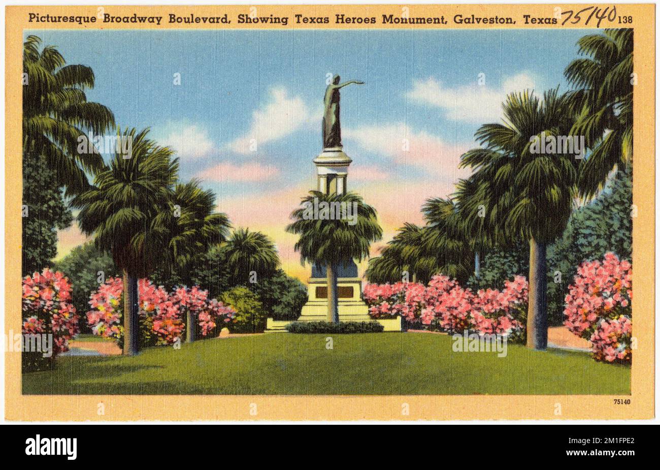 Pittoresque Broadway Boulevard, avec le monument aux héros du Texas, Galveston, Texas, monuments et monuments commémoratifs, Collection Tichnor Brothers, Cartes postales des États-Unis Banque D'Images