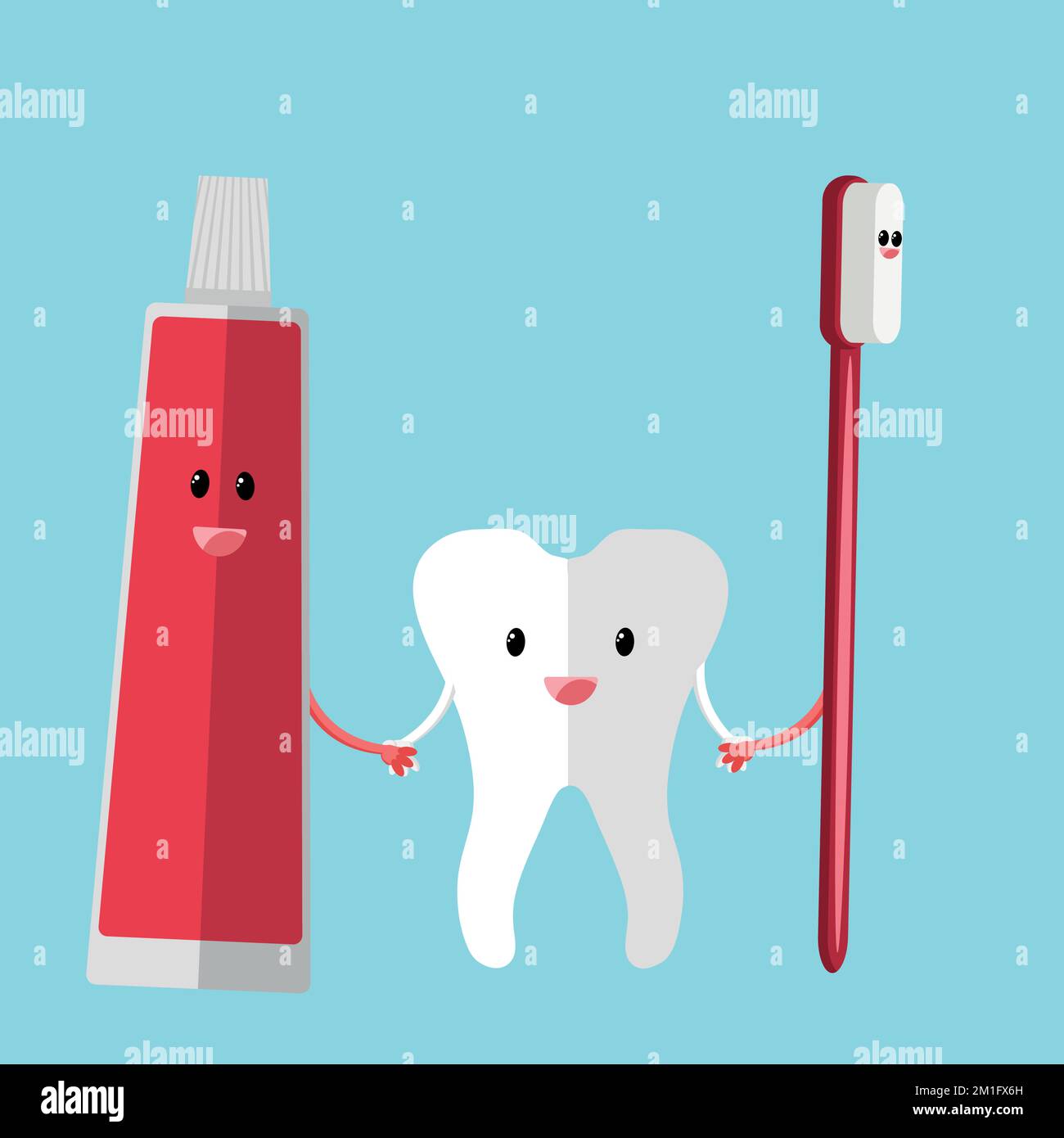 Un personnage de dessin animé en forme de dent qui fait un geste de pouce vers le haut tout en souriant avec joie et en tenant une brosse dentaire avec de la pâte à dents Illustration de Vecteur