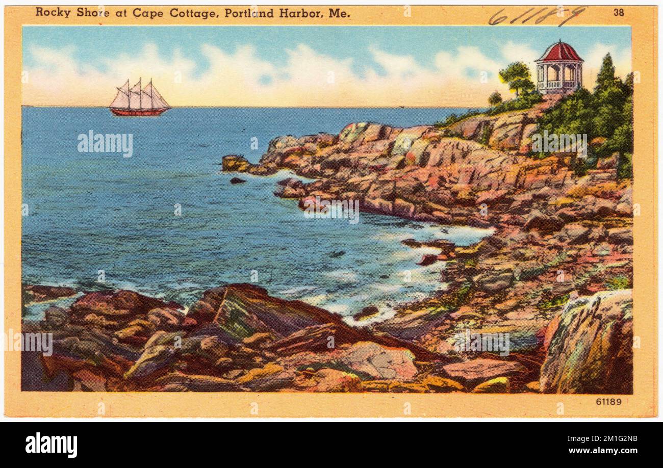 Rocky Shore à Cape Cottage, Portland Harbour, Mé. , Coastlines, Tichnor Brothers Collection, cartes postales des États-Unis Banque D'Images