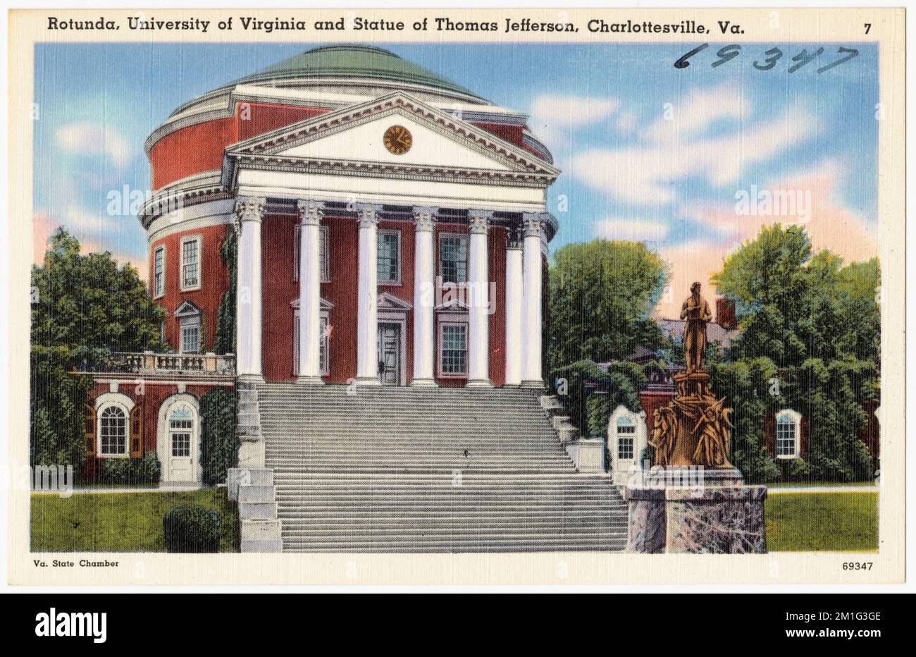 Rotunda, Université de Virginie et Statue de Thomas Jefferson, Charlottesville, Virginie , Universités et collèges, Collection Tichnor Brothers, cartes postales des États-Unis Banque D'Images