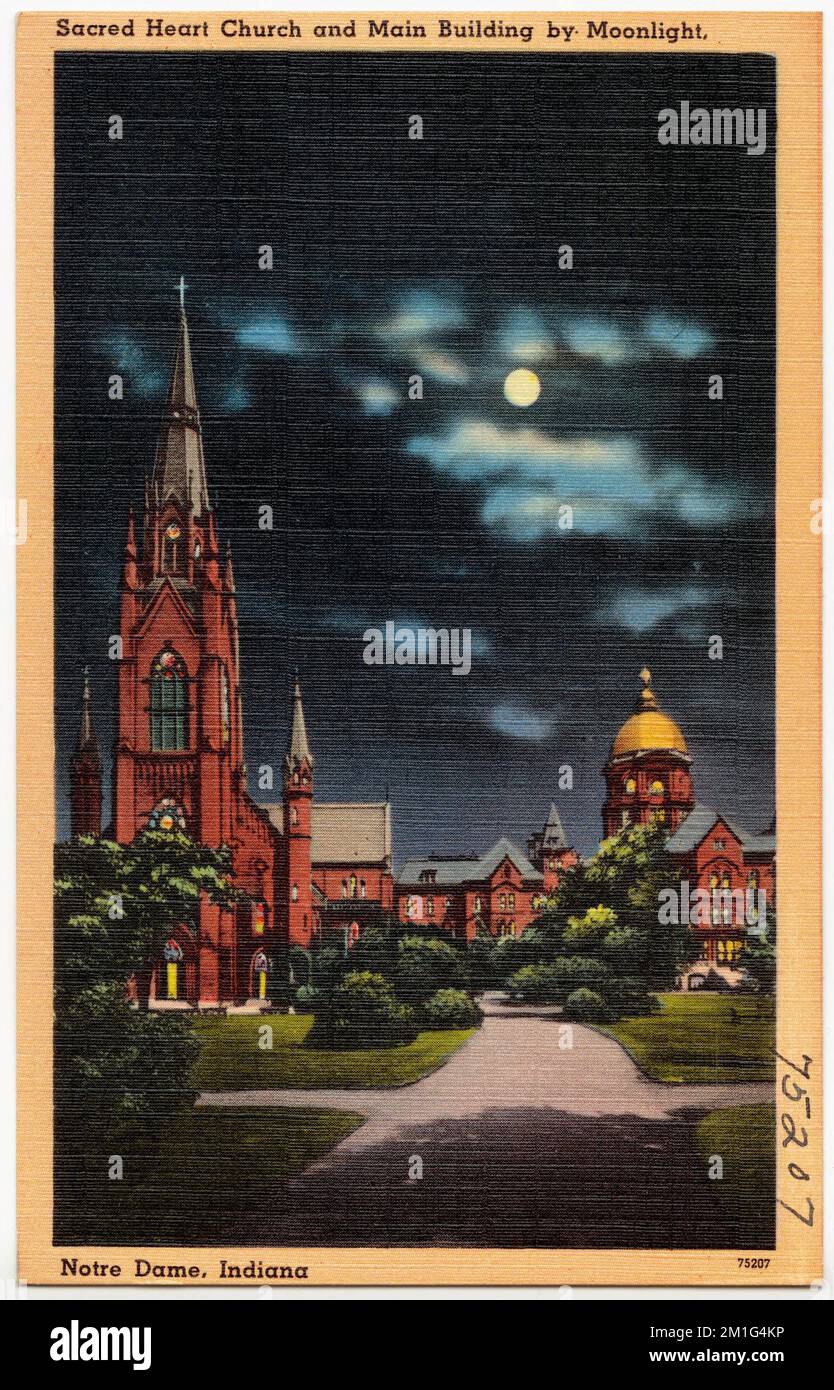 Eglise du coeur sacré et bâtiment principal au clair de lune, universités et collèges, églises, Collection des frères Tichnor, cartes postales des États-Unis Banque D'Images