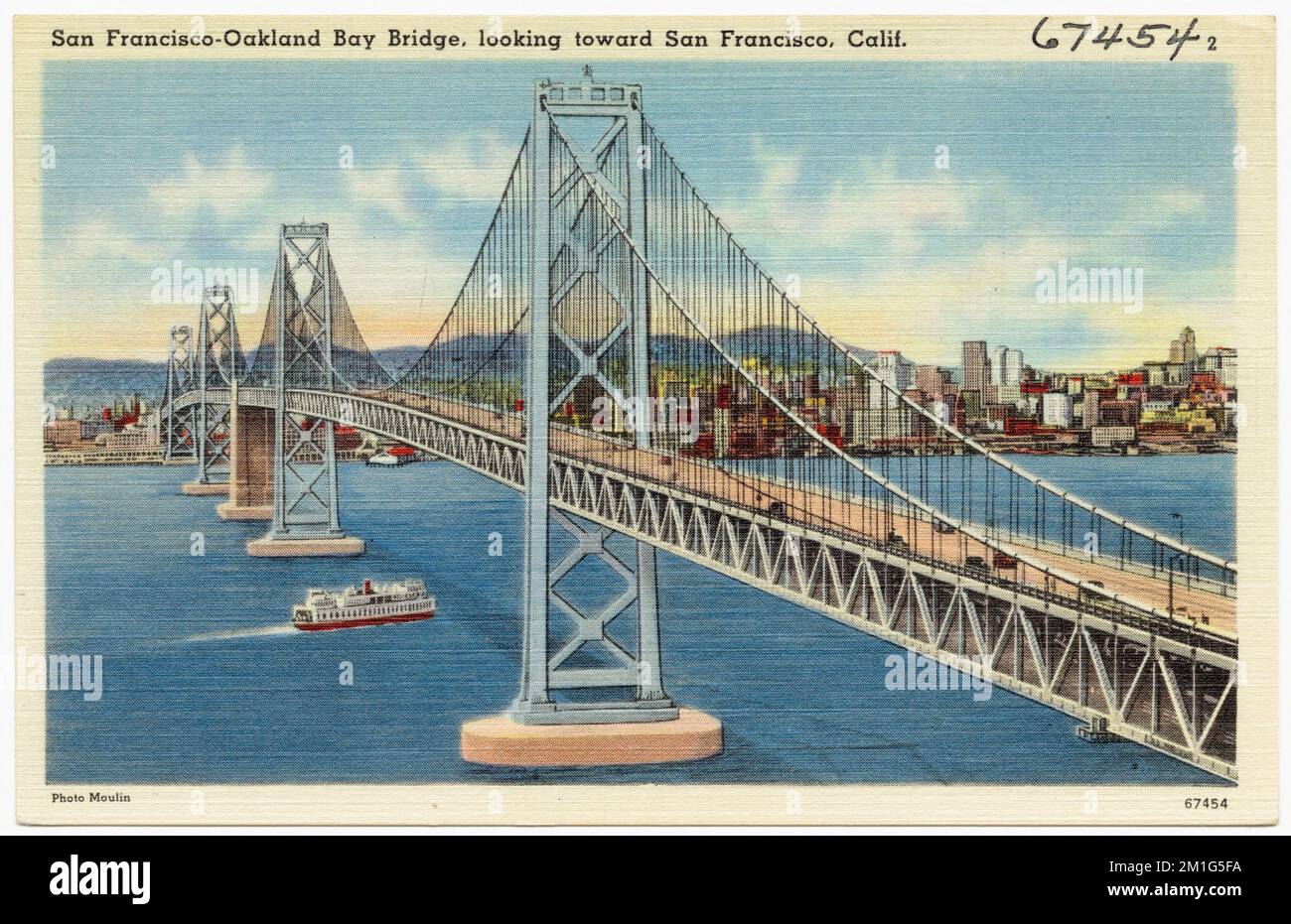 San Francisco-Oakland Bay Bridge, en direction de San Francisco, Californie , Bridges, Tichnor Brothers Collection, cartes postales des États-Unis Banque D'Images