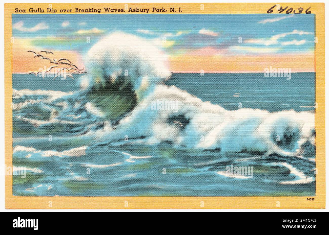 Les goélands de mer plongé au-dessus des vagues de rupture, Asbury Park, N. J. , plages, Tichnor Brothers Collection, Cartes postales des États-Unis Banque D'Images
