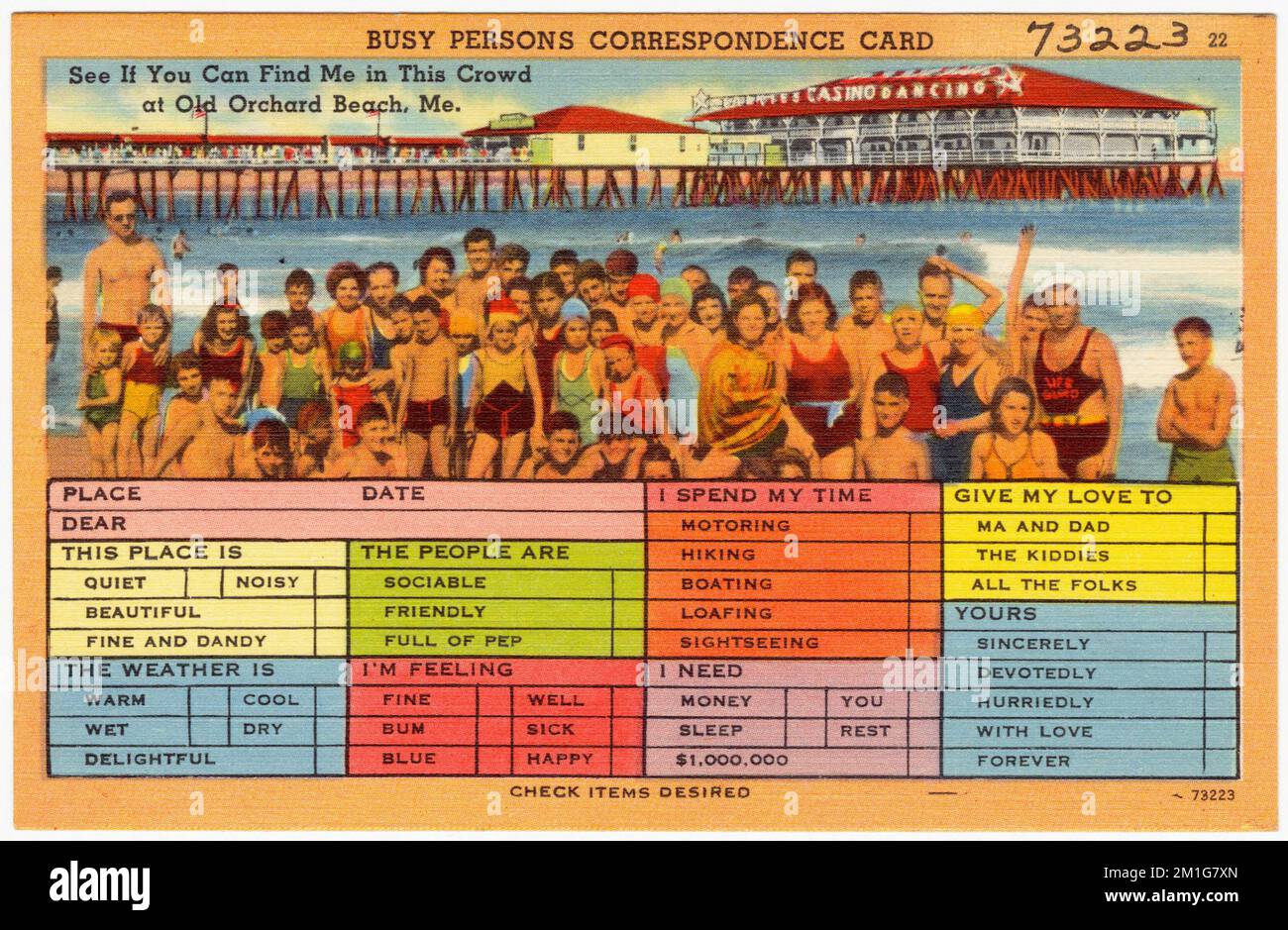 Voyez si vous pouvez me trouver dans cette foule à Old Orchard Beach, Me. , Piers & Wharves, installations sportives et récréatives, Collection Tichnor Brothers, cartes postales des États-Unis Banque D'Images