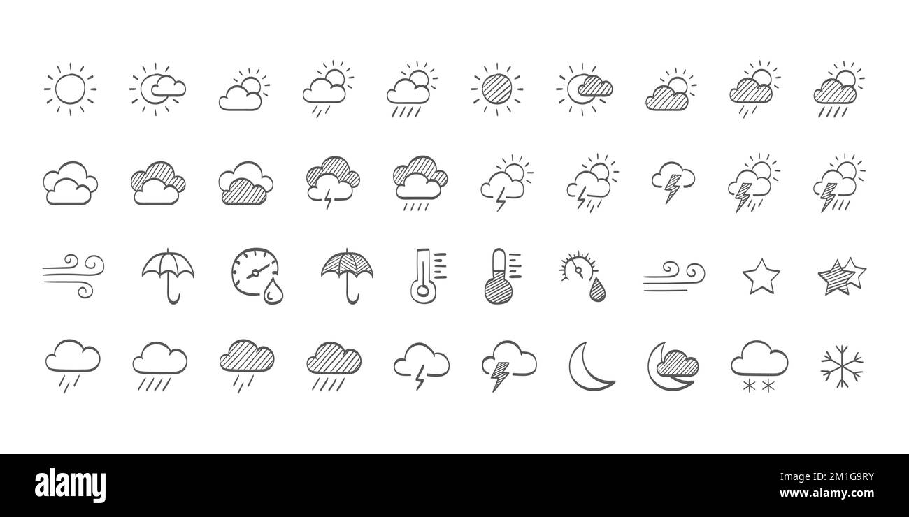 Icônes météo. Icônes de plumes dessinées. Icônes météo soleil et nuages dans le ciel, pluie avec neige, tonnerre et foudre. Illustration vectorielle Illustration de Vecteur