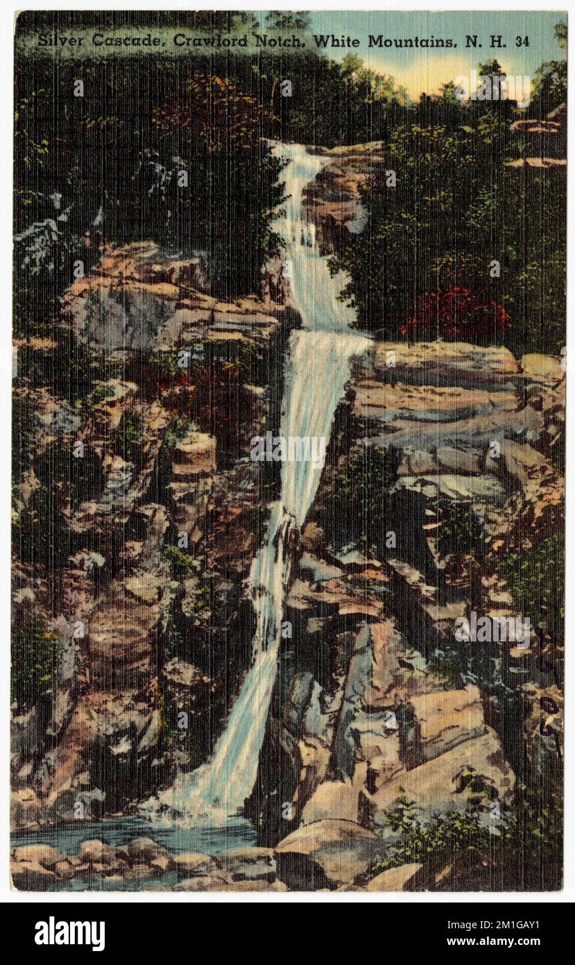 Silver Cascade, Crawford Notch, White Mountains, N.H. , Waterfall, Tichnor Brothers Collection, cartes postales des États-Unis Banque D'Images