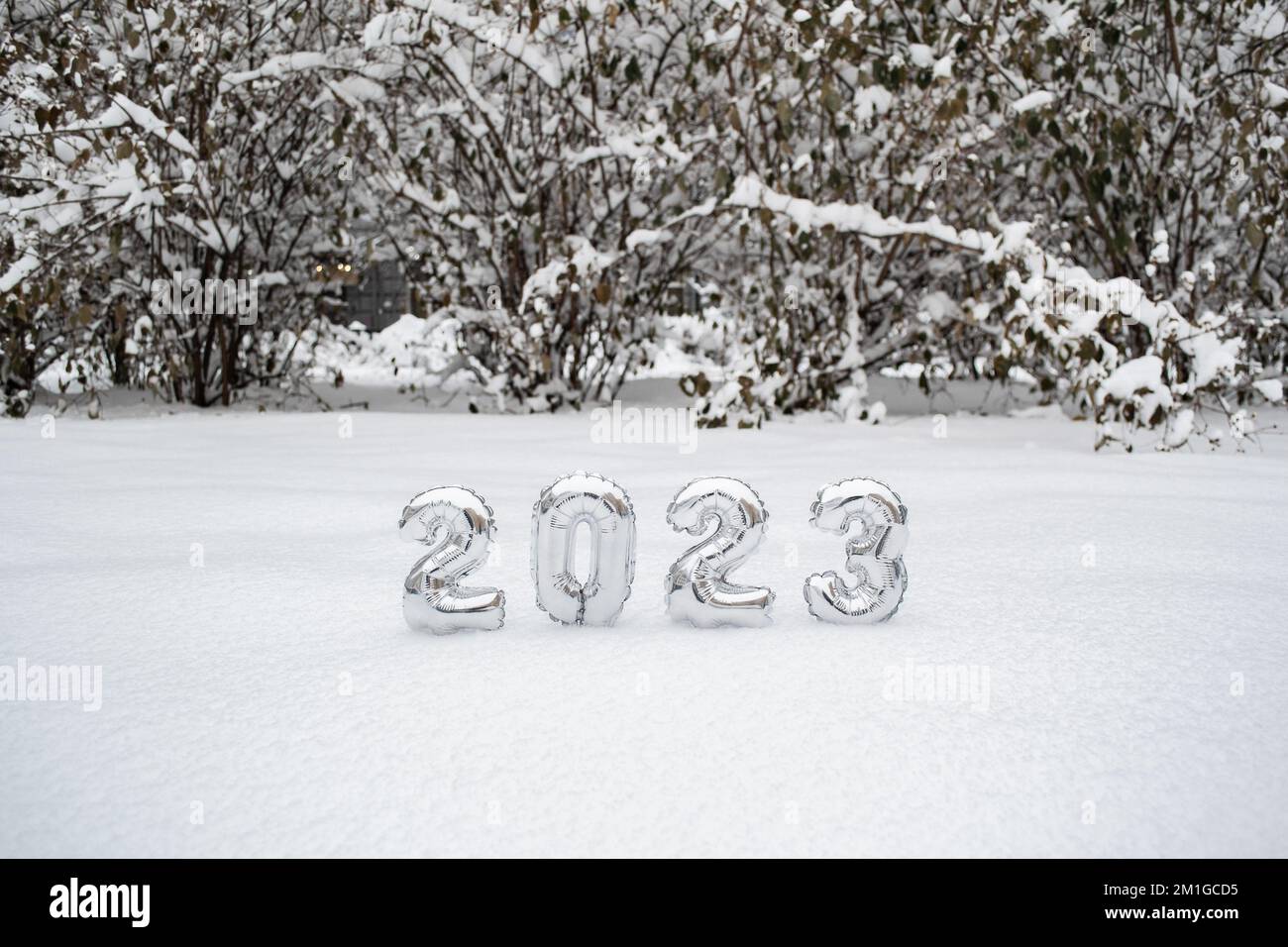 Numéros d'argent du nouvel an 2023 en hiver dans la neige sur fond d'arbres et de buissons enneigés avec espace de copie. Banque D'Images