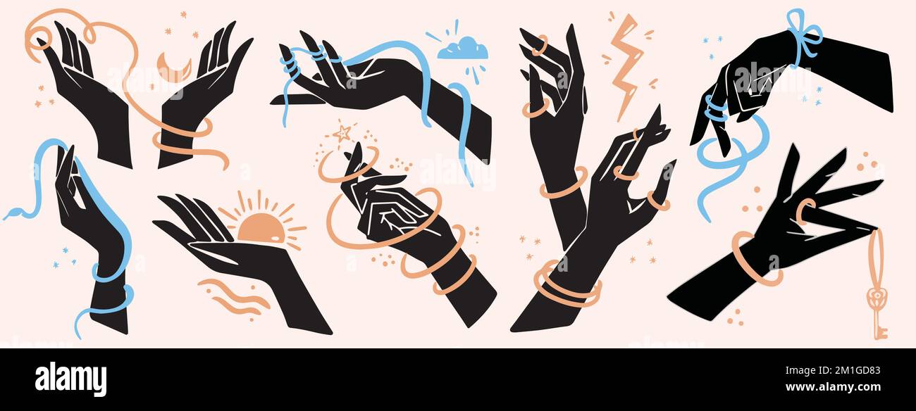 Ensemble élégant d'éléments isolés de dessin animé femelle silhouettes noires plates de mains en bijoux orange et bleu avec soleil, lune, étoiles, foudre, serpent Illustration de Vecteur