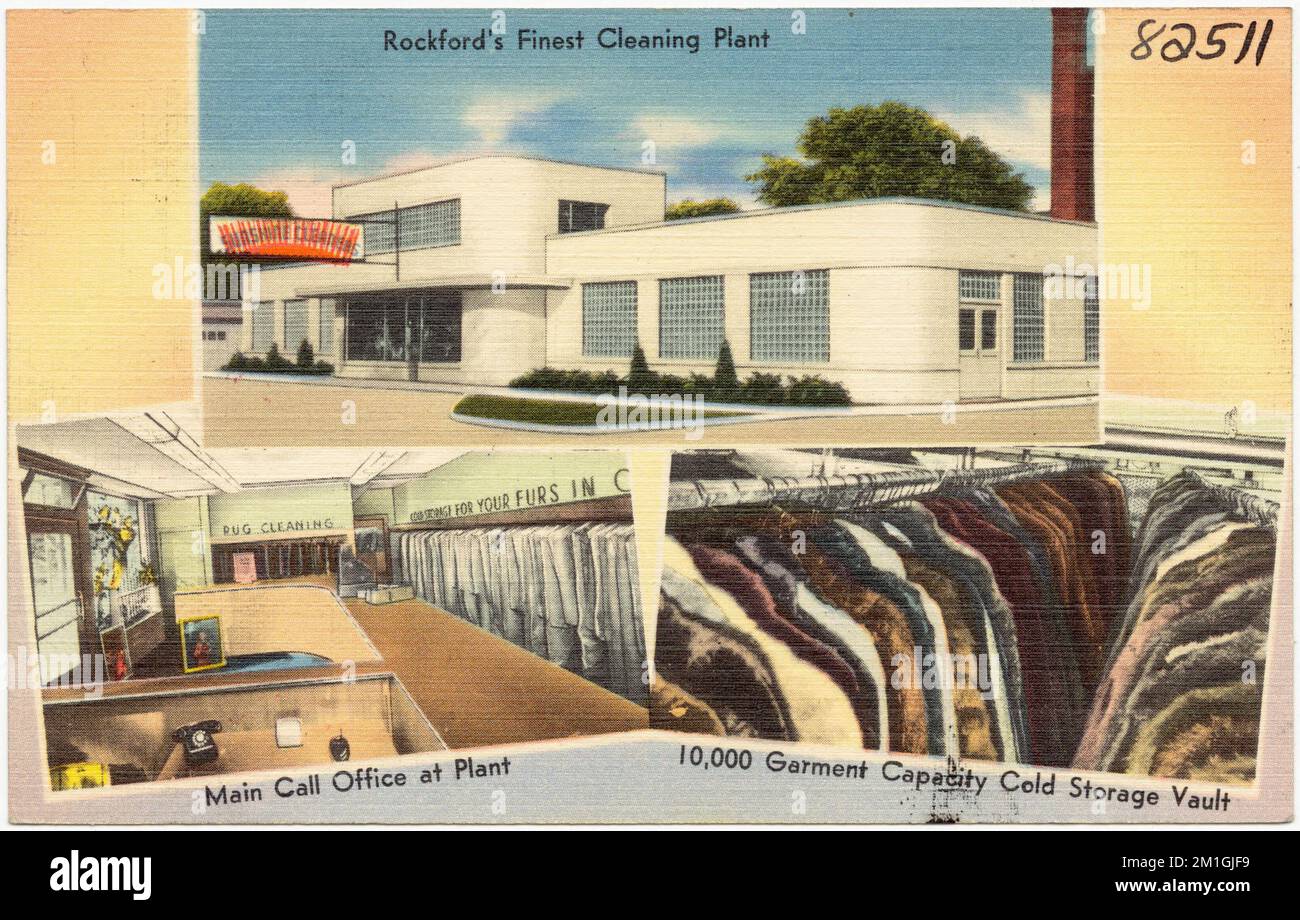 Sunshine Cleaners, l'usine de nettoyage de Rockford, le bureau d'appel principal à l'usine, capacité de vêtement 10 000 chambre froide, installations commerciales, Tichnor Brothers Collection, cartes postales des États-Unis Banque D'Images Sunshine Cleaners, l'usine de nettoyage de Rockford, le bureau d'appel principal à l'usine, capacité de vêtement 10 000 chambre froide, installations commerciales, Tichnor Brothers Collection, cartes postales des États-Unis Banque D'Images