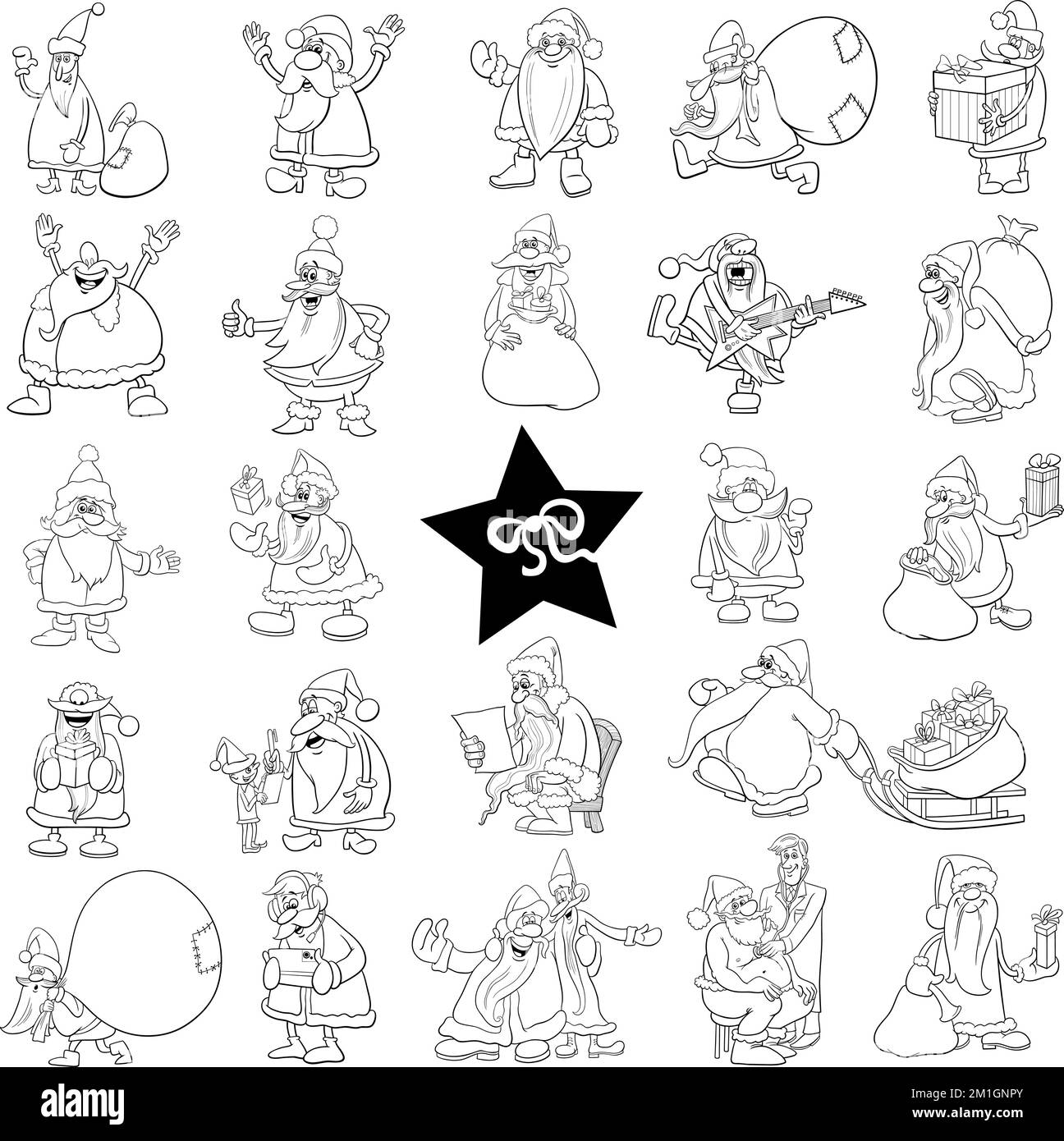 Dessin animé noir et blanc de Santa clauses Noël personnages grand ensemble Illustration de Vecteur