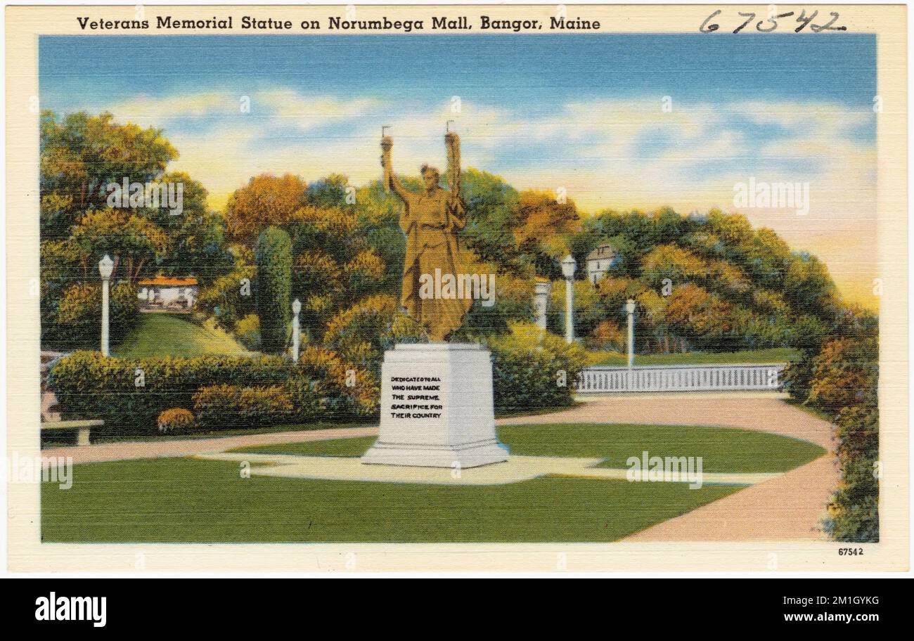 Statue des anciens combattants sur la galerie marchande de Norumbeda, Bangor, Maine , monuments et monuments commémoratifs, parcs, Tichnor Brothers Collection, cartes postales des États-Unis Banque D'Images