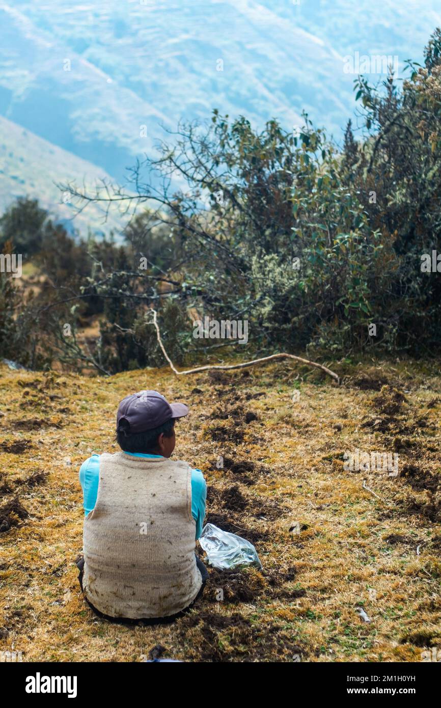 Vue arrière verticale d'un agriculteur péruvien assis en regardant sur le paysage des Andes péruviennes Banque D'Images