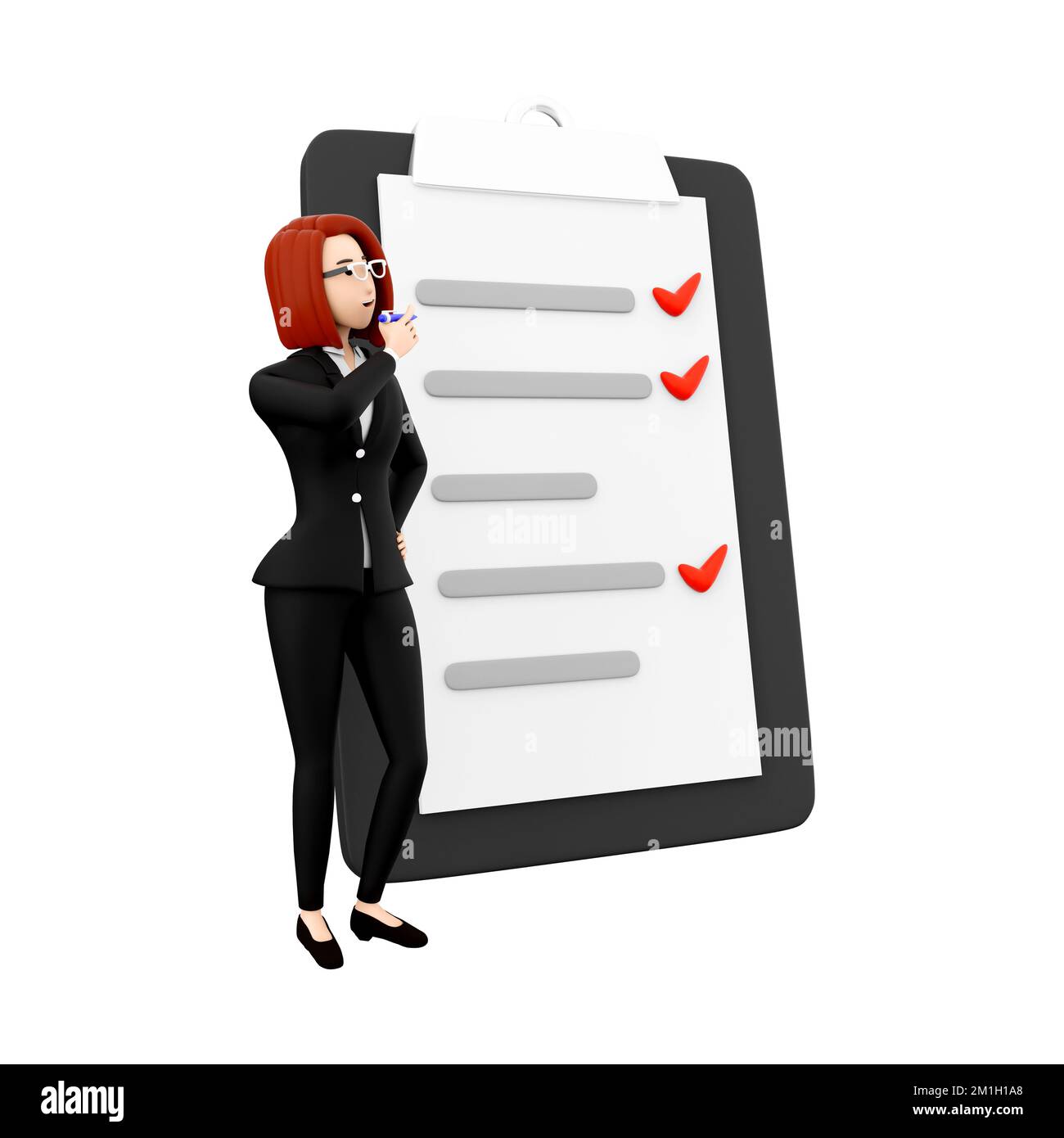 3d effectuer le rendu du questionnaire en ligne. 3d rendu femme avec liste des tâches. 3d poser une question commerciale sur fond blanc Banque D'Images