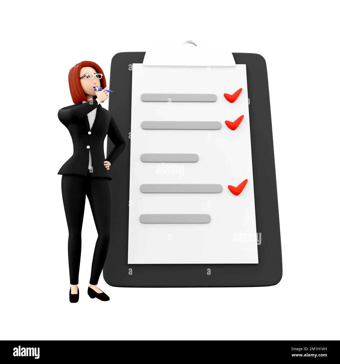 3d effectuer le rendu du questionnaire en ligne. 3d rendu femme avec liste des tâches. 3d poser une question commerciale sur fond blanc Banque D'Images