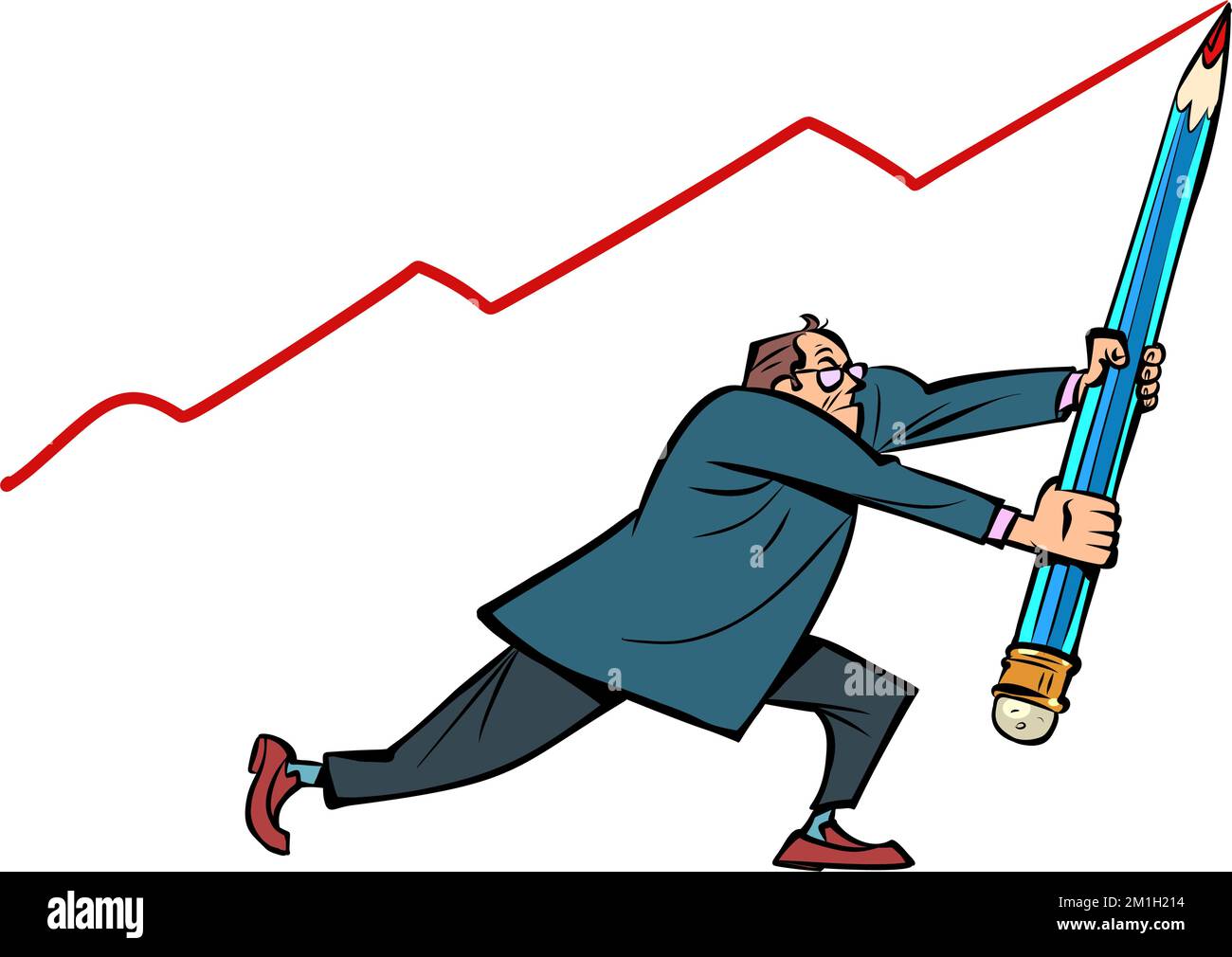 un homme d'affaires dessine un graphique des ventes avec un grand crayon, le concept des indicateurs économiques Illustration de Vecteur