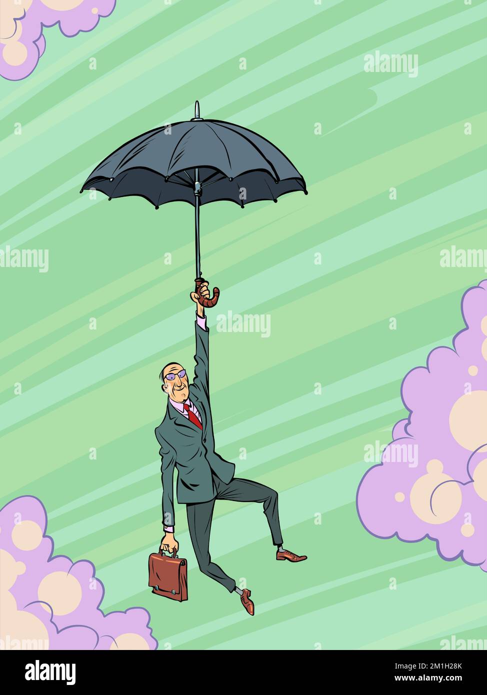 Un homme d'affaires avec une mallette vole sur un parapluie. Objectif et développement de l'entreprise. Mouvement vers un rêve Illustration de Vecteur