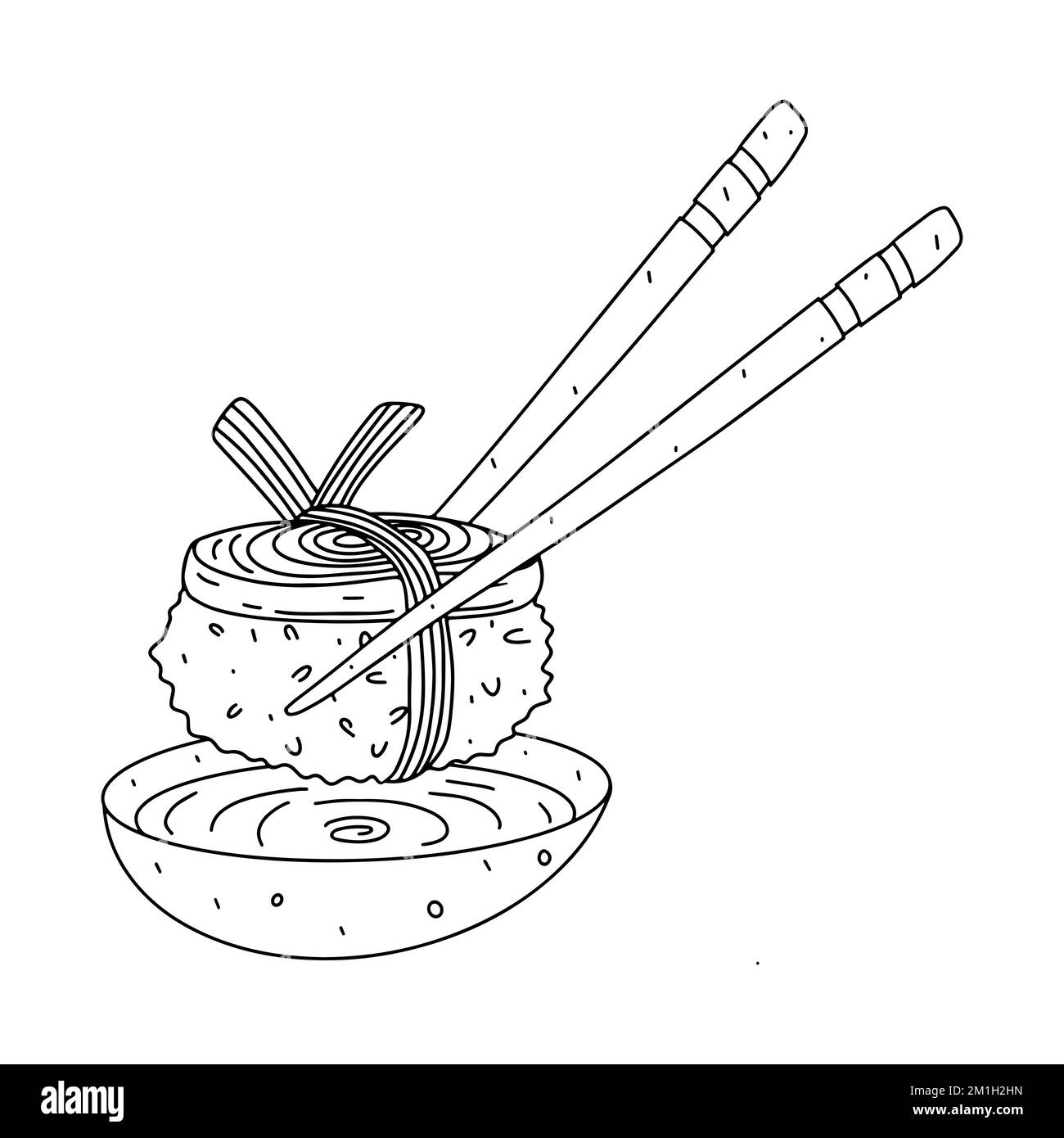 Sushi avec omelette et baguettes en forme de doodle dessiné à la main. Illustration vectorielle isolée sur fond blanc. Cuisine asiatique Illustration de Vecteur