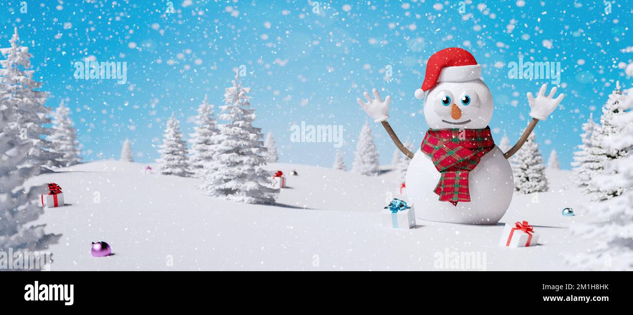 Bonhomme de neige heureux avec bras ouverts en paysage d'hiver. Joyeux Noël et joyeux concept de la nouvelle année 3D rendu 3D illustration Banque D'Images