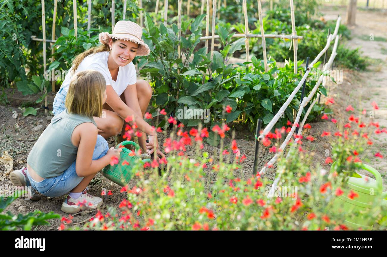 Mère et fille qui travaille dans le jardin Banque D'Images