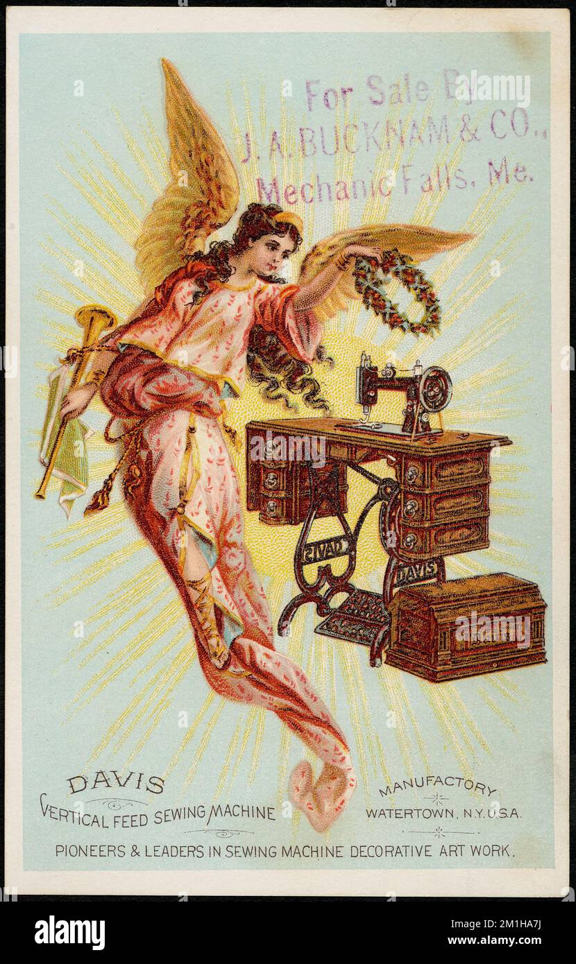 Machine à coudre à alimentation verticale Davis, pionniers et leaders dans le domaine des travaux d'art décoratif pour machines à coudre. , Anges, machines à coudre, 19th Century American Trade Cards Banque D'Images