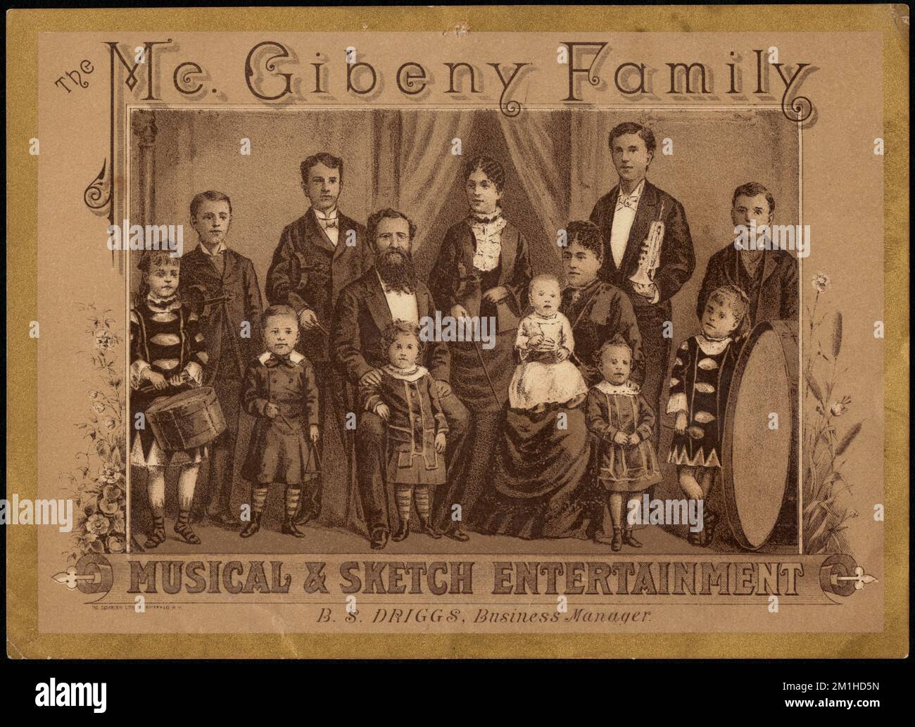 The McGibeny Family, musical & sketch Entertainment, B. S. Driggs, Business Manager, People, Comments & Comedies musicaux, Drums musical instruments, Trumpets, 19th Century American Trade Cards Banque D'Images