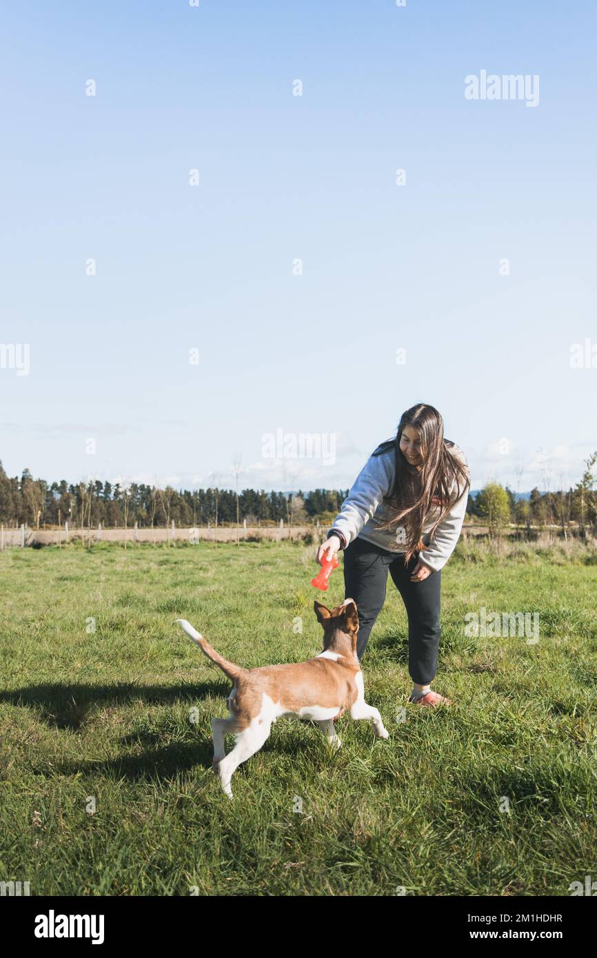 Grande jeune femme jouant avec son chiot et appréciant le moment dans la nature. Jouets pour animaux Banque D'Images