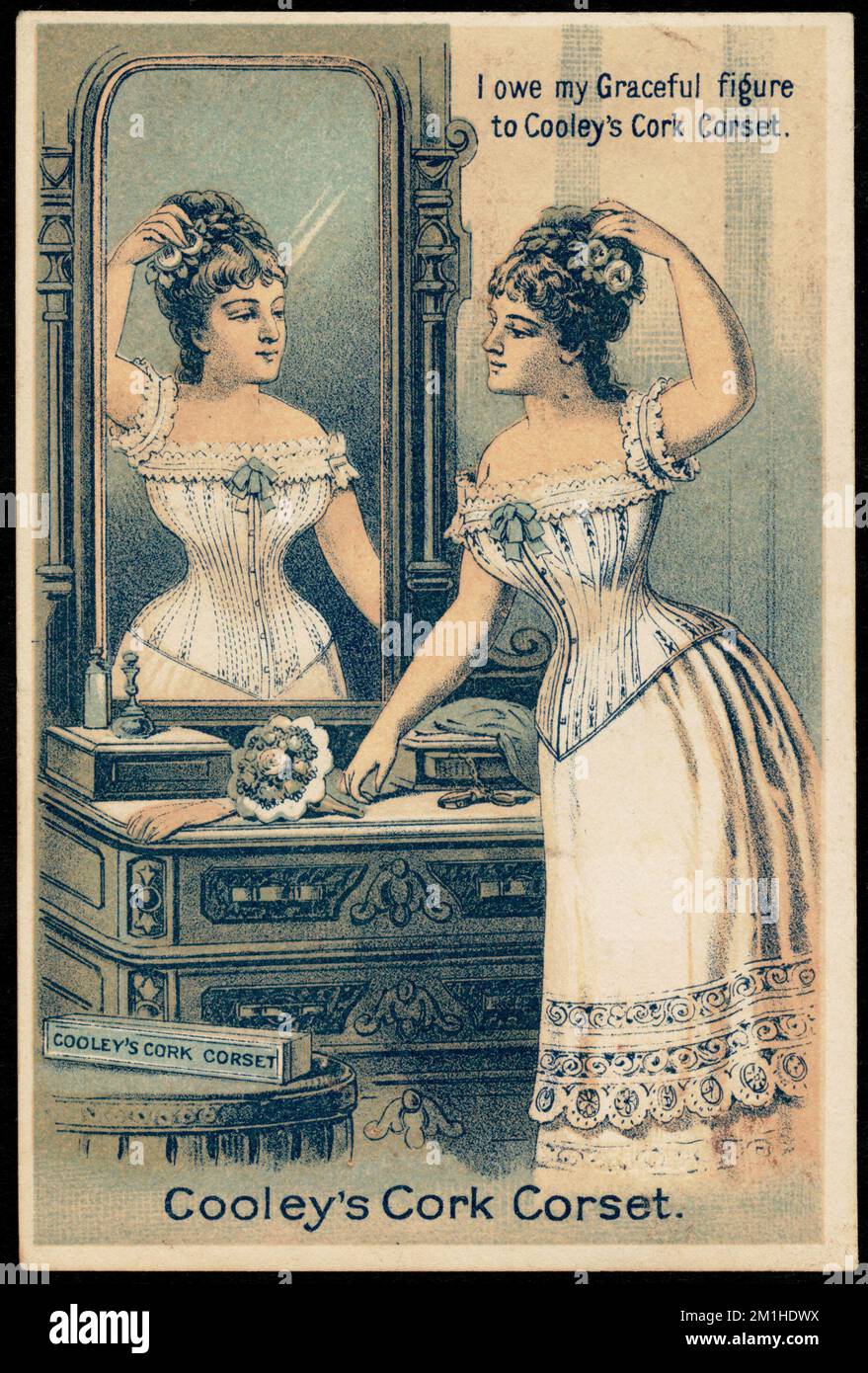 Je dois ma gracieuse figure au corset de Cork de Cooley. Corset Cooley's Cork. , Femmes, Corsets, miroirs, cartes professionnelles américaines du siècle 19th Banque D'Images
