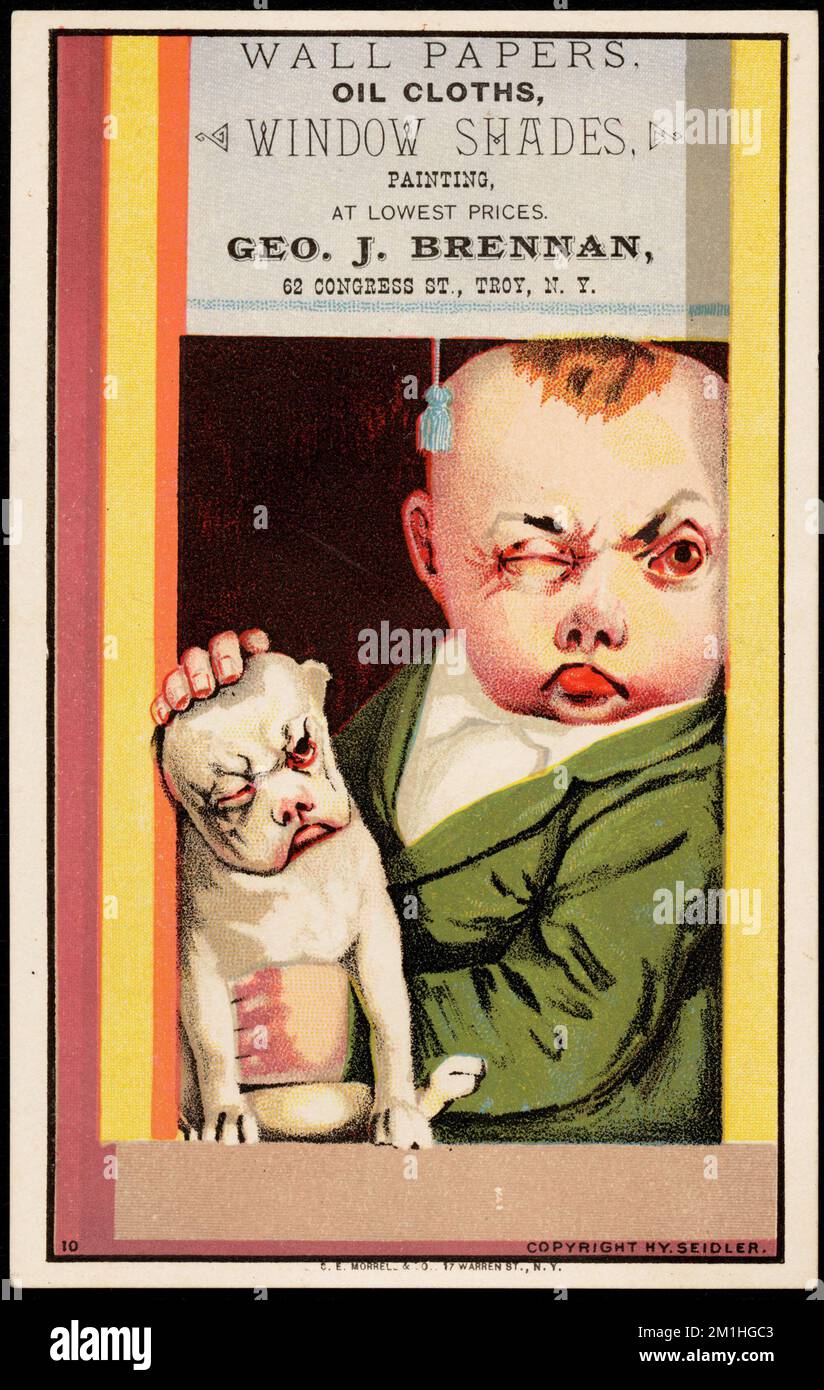 Papiers muraux, chiffons à huile, abat-jour, peintures à bas prix, Geo J. Brennan, 62 Congress St., Troy, N. Y. , Garçons, chiens, magasins de meubles de maison, cartes de commerce américaines Century 19th Banque D'Images