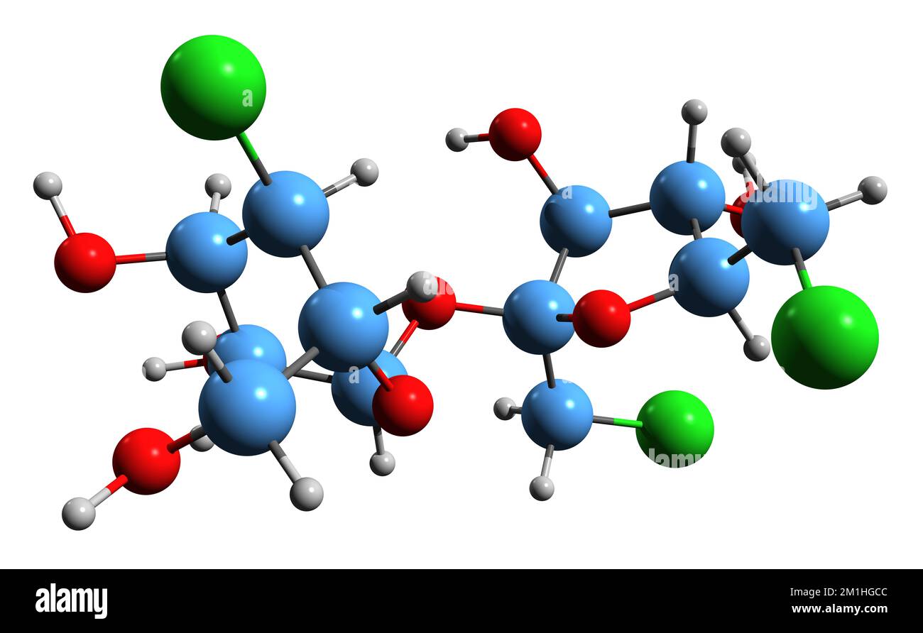 3D image de la formule squelettique Sucralose - structure chimique moléculaire de l'édulcorant artificiel isolé sur fond blanc Banque D'Images