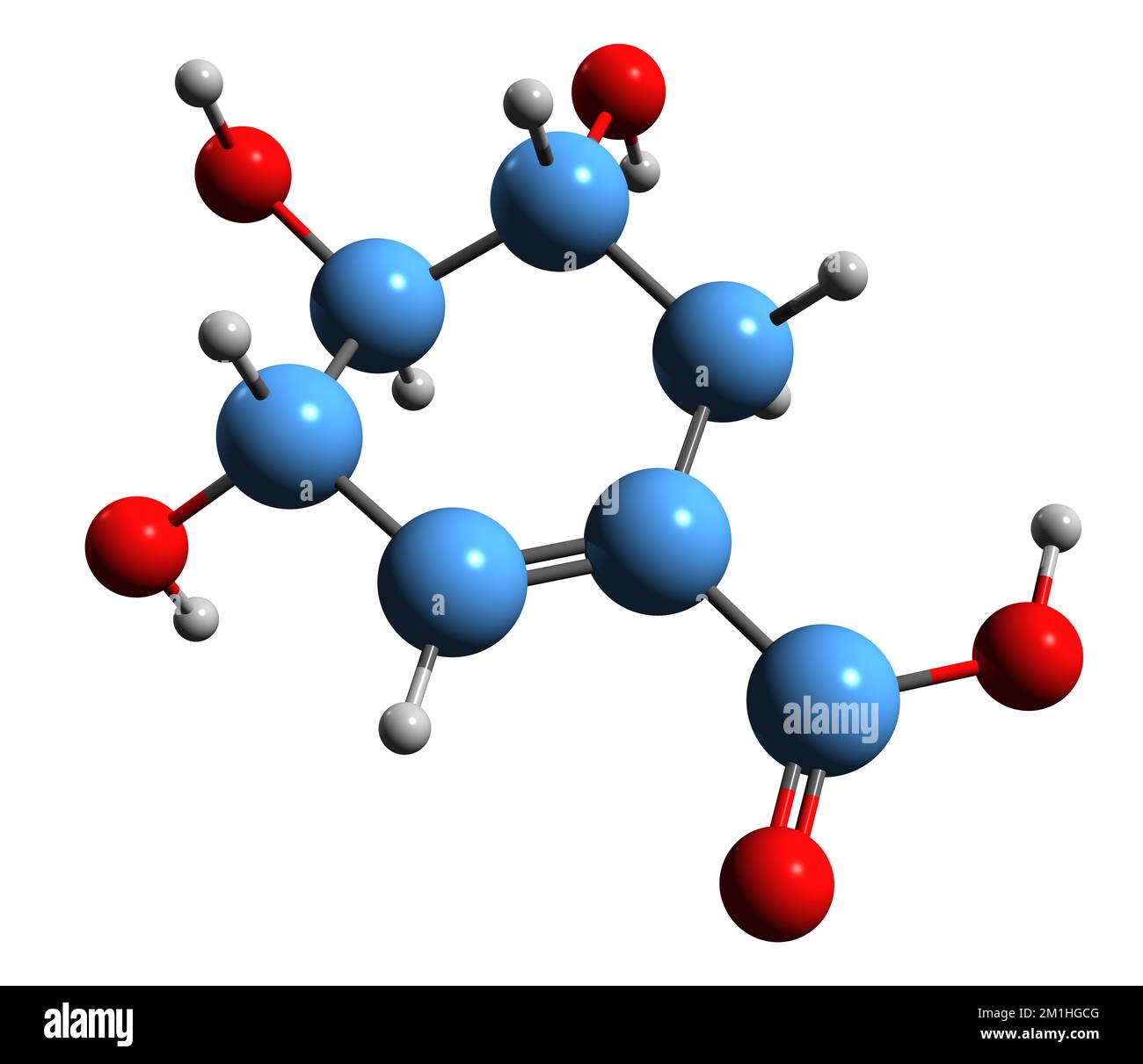 3D image de la formule squelettique de l'acide shikimique - structure chimique moléculaire du cyclohexène isolé sur fond blanc Banque D'Images