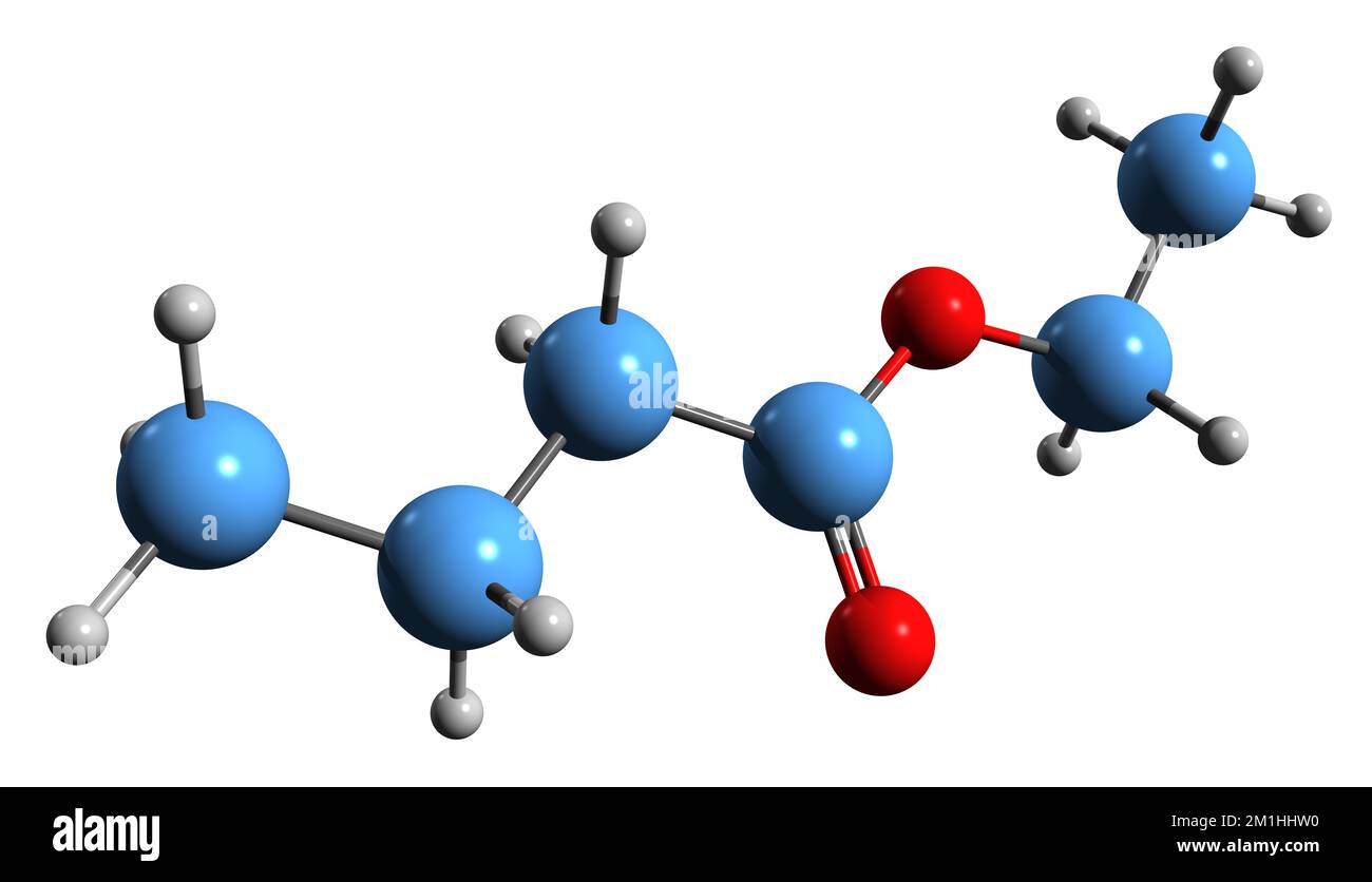 3D image de la formule squelettique d'éthyl butyrate - structure chimique moléculaire de l'ester éthylique de l'acide butanoïque isolé sur fond blanc Banque D'Images