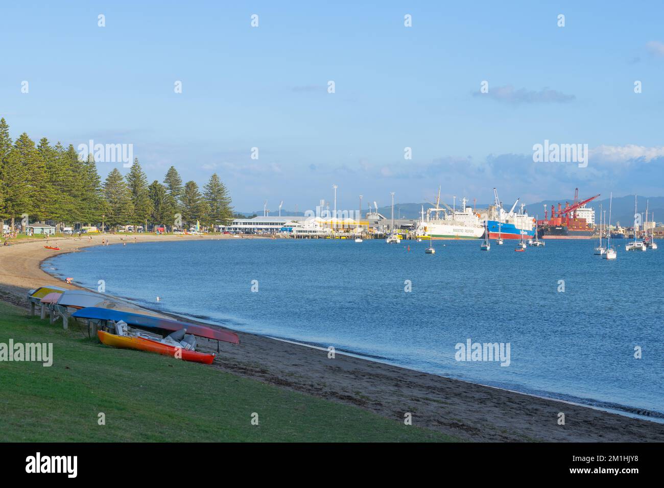 Tauranga Nouvelle-Zélande - 30 avril 2022 : front de mer de la baie pilote au mont Maunganui et port avec des navires cargo au quai. Banque D'Images