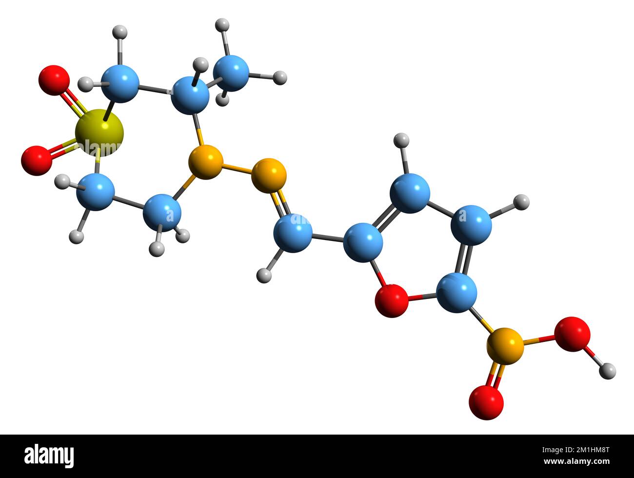 3D image de la formule du squelette nifurtimox - structure chimique moléculaire de l'antimicrobien Nitrofuranne isolé sur fond blanc Banque D'Images