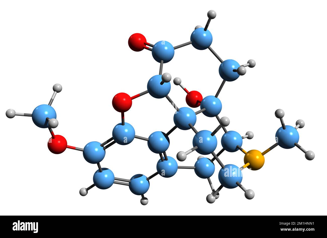 3D image de la formule squelettique oxymorphone - structure chimique moléculaire de l'analgésique opioïde isolé sur fond blanc Banque D'Images