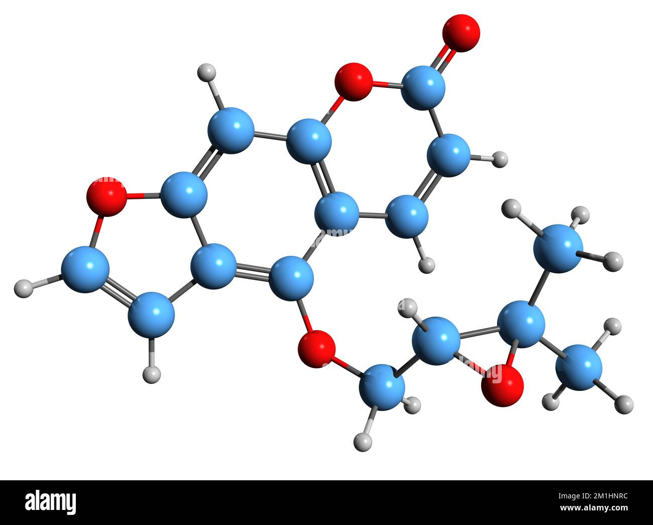3D image de la formule squelettique de l'oxyneucedanine - structure chimique moléculaire de la coumarine isolée sur fond blanc Banque D'Images