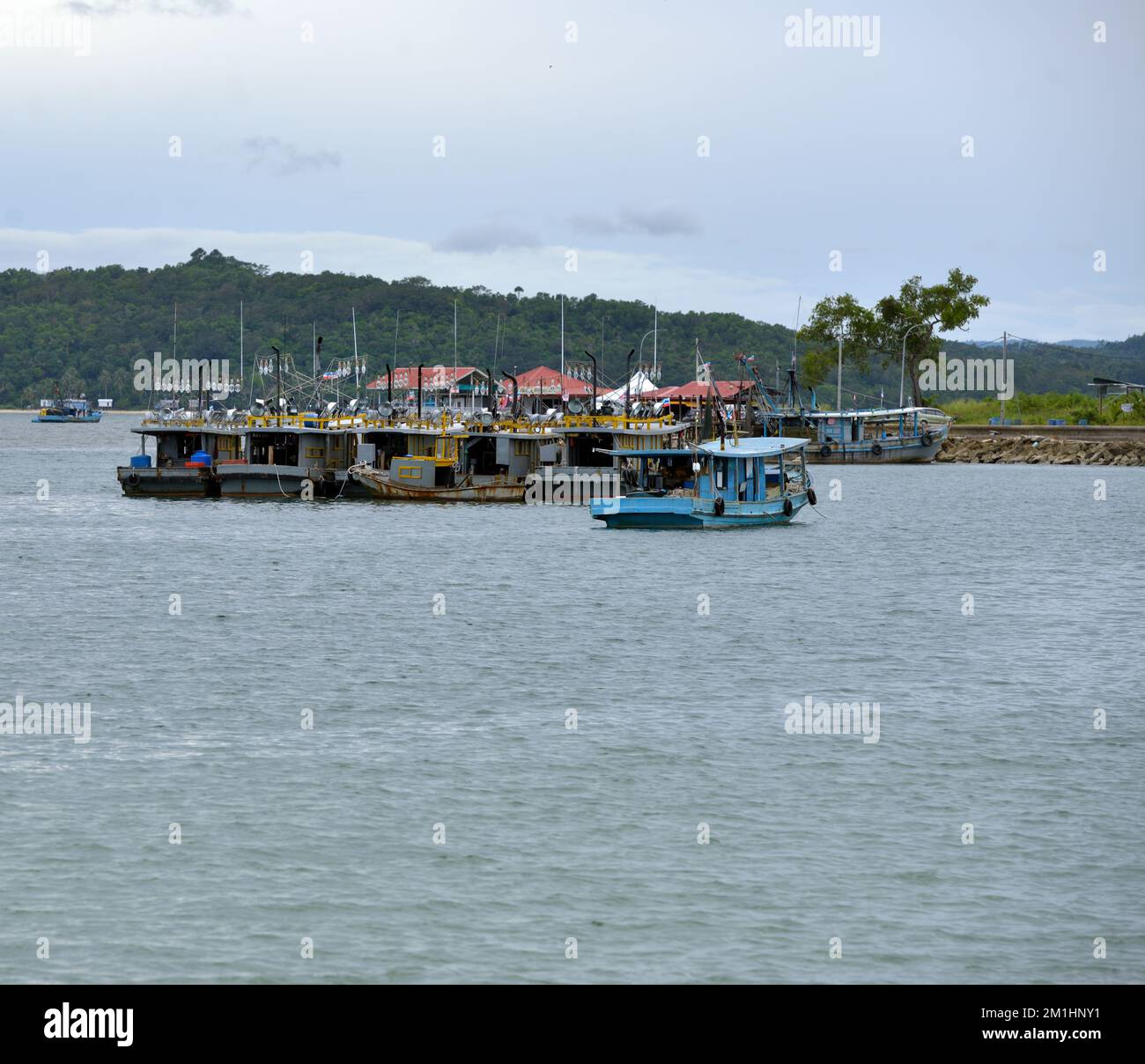 Bateaux de pêche exploités par le peuple indigène Rungus dans le port de Kudat sur la mer de Sulu. Sabah, Bornéo, Malaisie. Banque D'Images