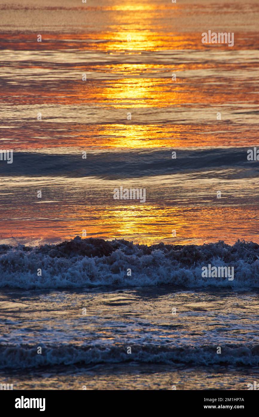 Détail vertical des vagues écrasant sur la côte est de l'océan avec lumière dorée au lever du soleil Banque D'Images