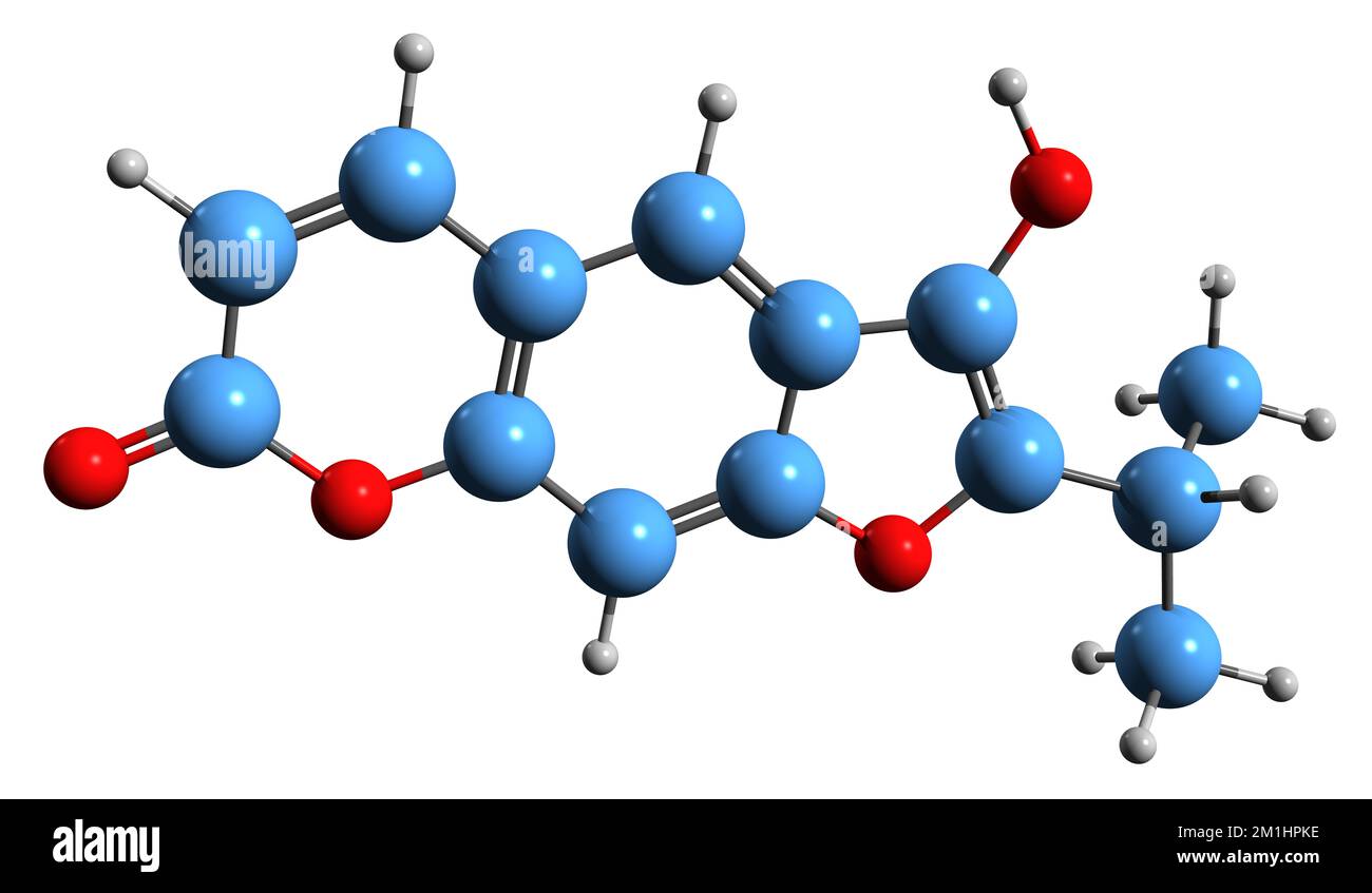 3D image de la formule squelettique d'Oreoselone - structure chimique moléculaire de la coumarine isolée sur fond blanc Banque D'Images