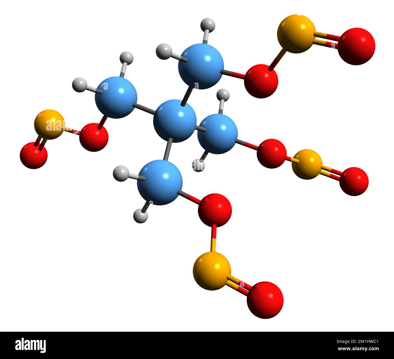 3D image de la formule squelettique pentaérythritol tétranitrate - structure chimique moléculaire de la substance explosive penthrite isolée sur fond blanc Banque D'Images