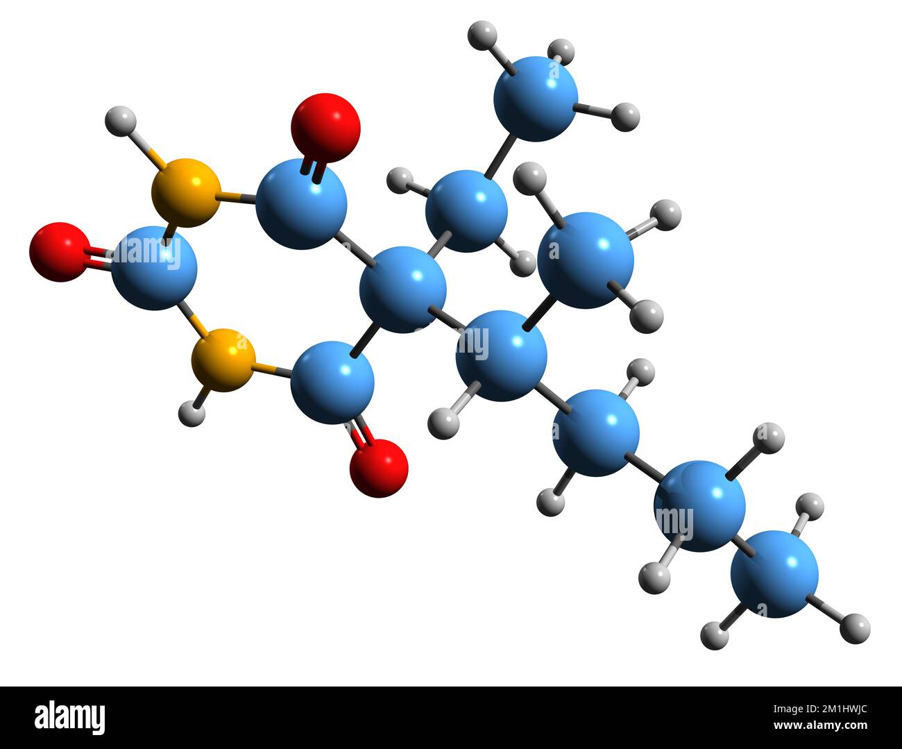 3D image de la formule squelettique du pentobarbital - structure chimique moléculaire de la pentobarbiturique à action courte isolée sur fond blanc Banque D'Images