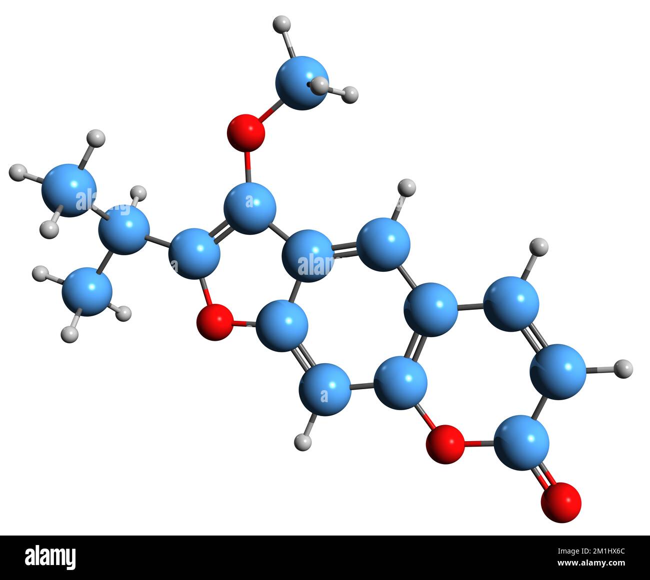 3D image de la formule squelettique de la Peucedanine - structure chimique moléculaire de la furanocoumarine isolée sur fond blanc Banque D'Images
