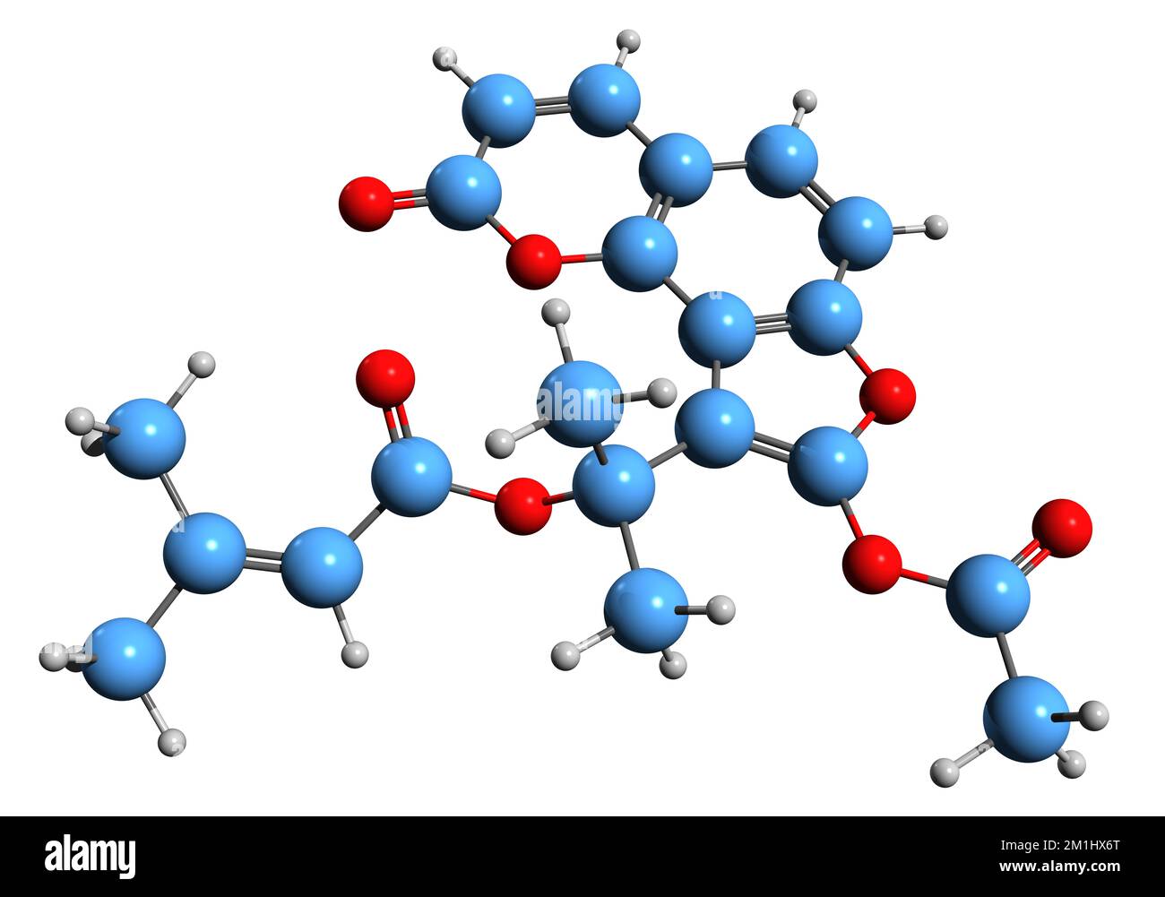 3D image de la formule squelettique de la Peucenidine - structure chimique moléculaire de la furanocoumarine isolée sur fond blanc Banque D'Images