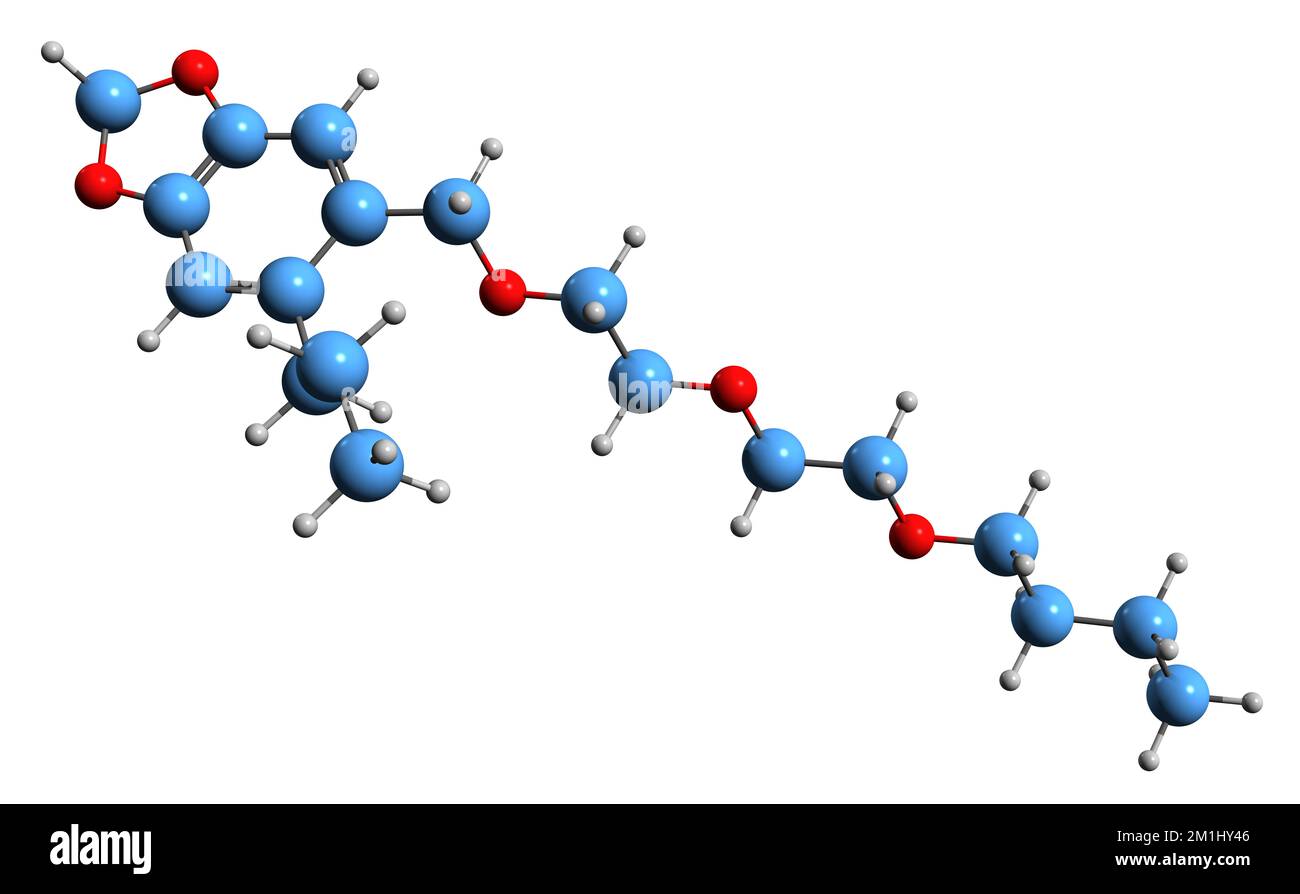 3D image de la formule squelettique du butoxyde de Piperonyl - structure chimique moléculaire de l'insecticide isolé sur fond blanc Banque D'Images