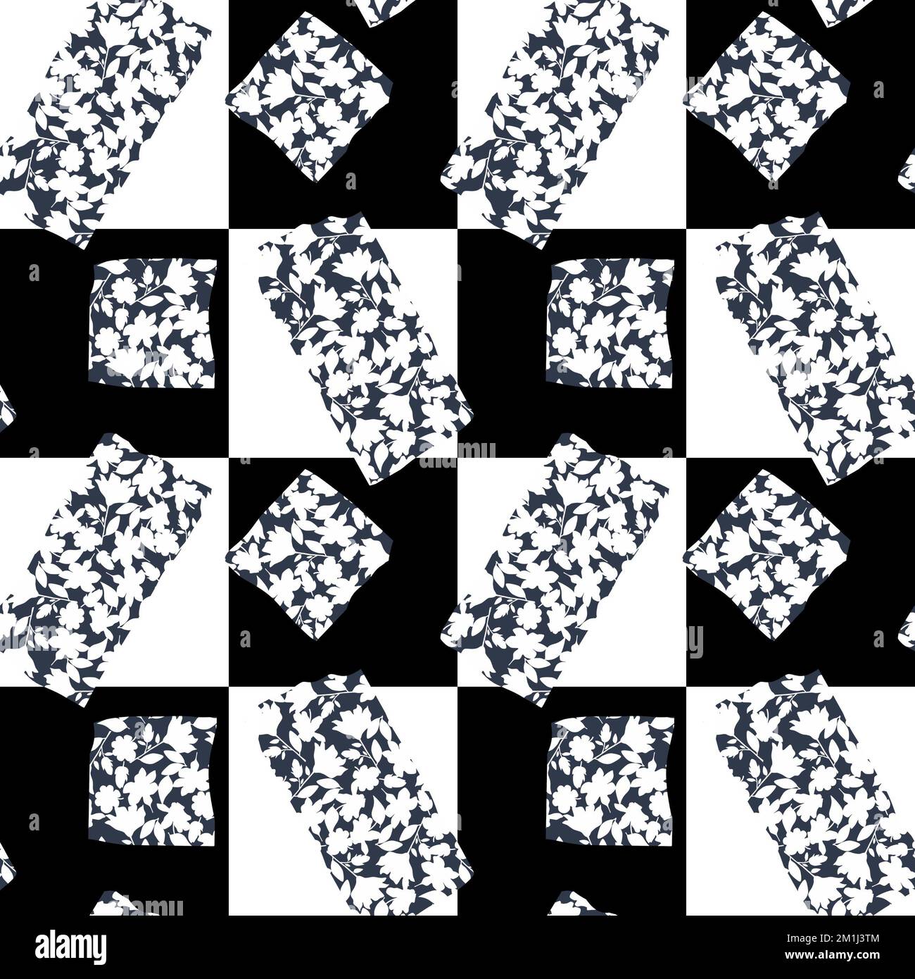 Motif fleuri géométrique noir et blanc sans couture. Carrés et silhouettes fleuries. Illustration matricielle pour le tissu, l'emballage, le textile et les vêtements Banque D'Images