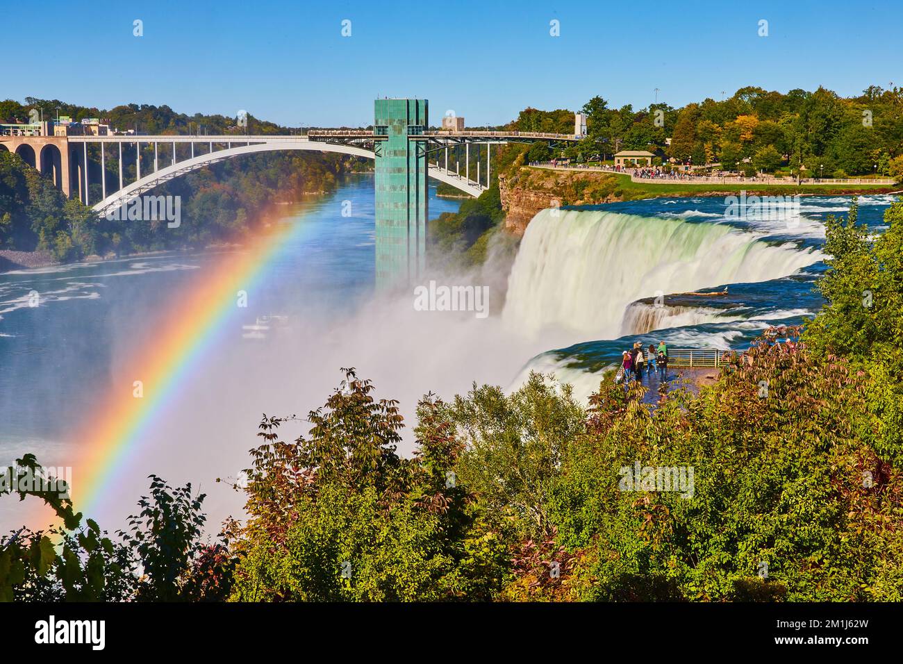 Rainbow over American Falls et Rainbow Bridge in America à Niagara Falls Banque D'Images