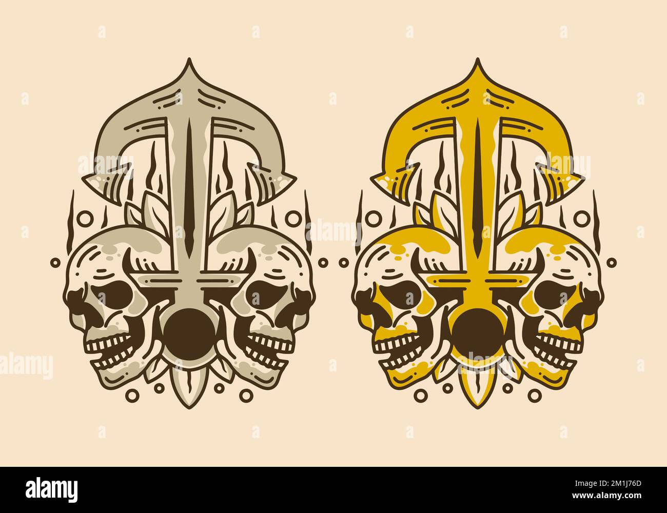 Illustration d'art vintage représentant un ancrage et deux crânes Illustration de Vecteur