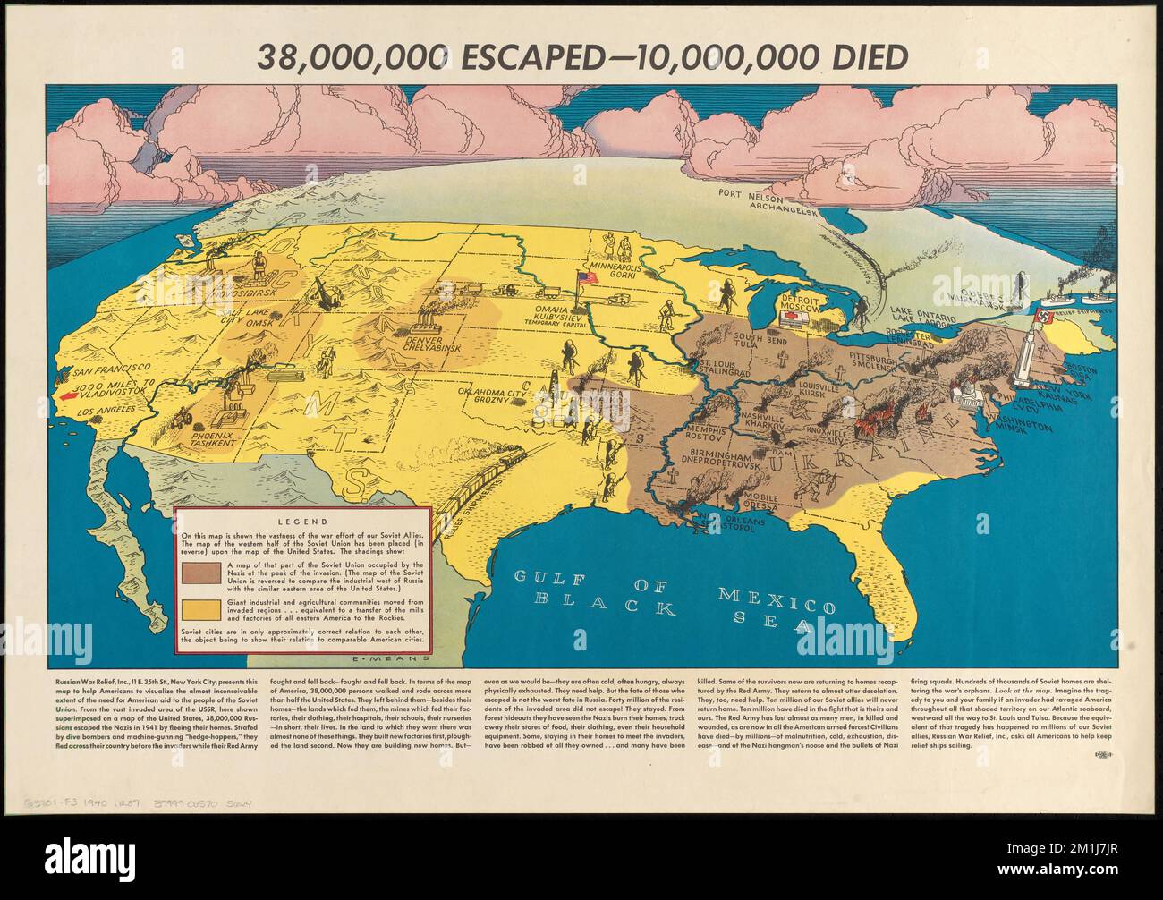 38 000 000 échappé -- 10 000 000 mort , Guerre mondiale, 1939-1945, cartes, Guerre mondiale, 1939-1945, secours civil, Union soviétique, cartes, Russes, Persécution nazie, cartes, États-Unis, cartes, Union soviétique, Cartes, Russian War relief, Inc Collection Norman B. Leventhal Map Center Banque D'Images